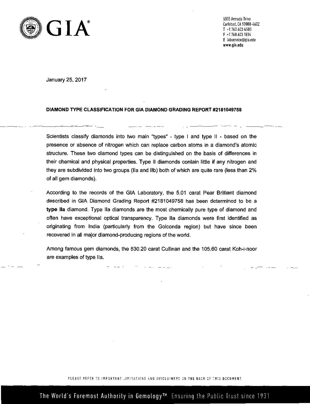 5.01 ct. Pear Shape Diamond D IF None GIA