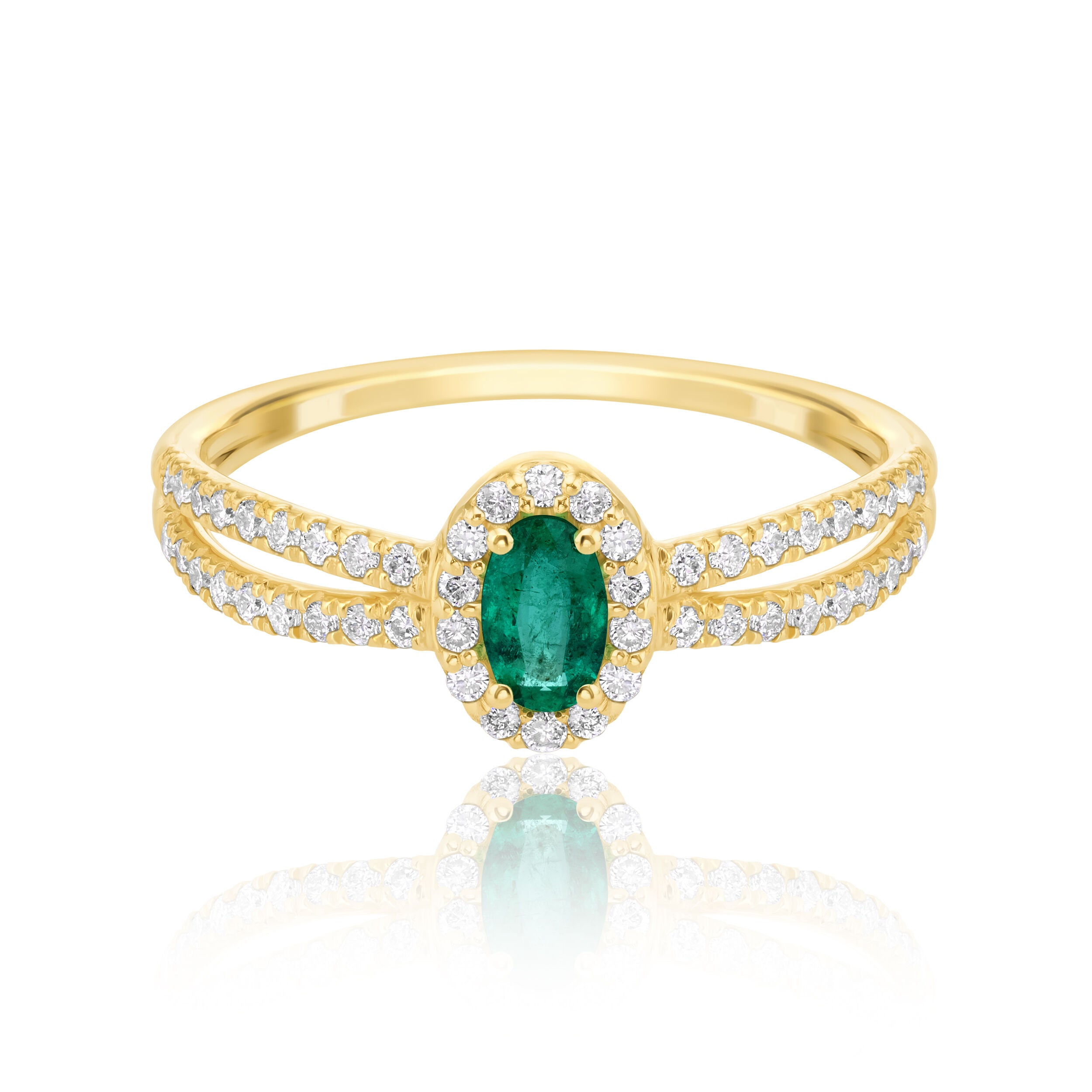 Oval Emerald Double Shank Halo Ring - 0.49ct TW