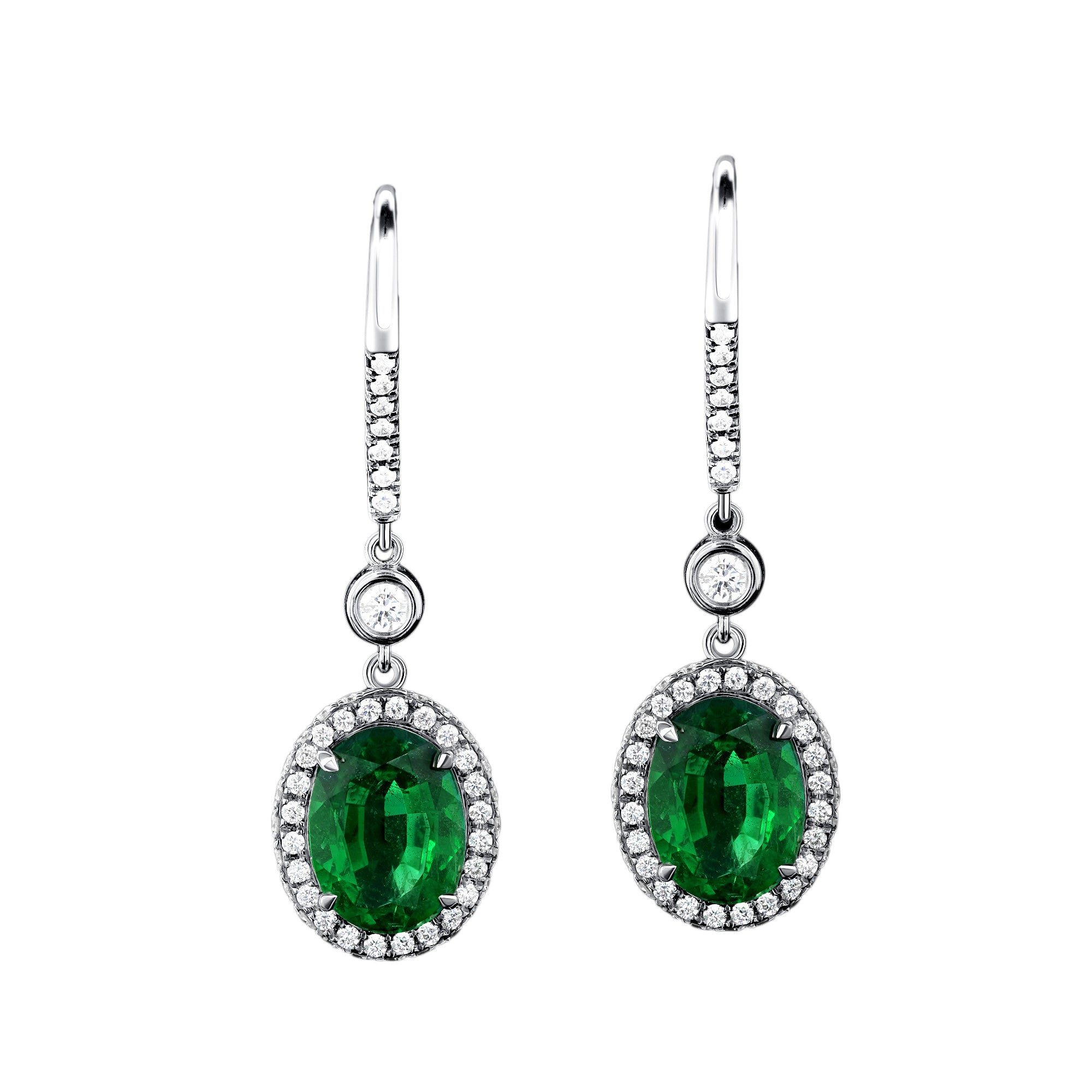 Oval Emerald Halo Drop Earrings - 2.66ct TW