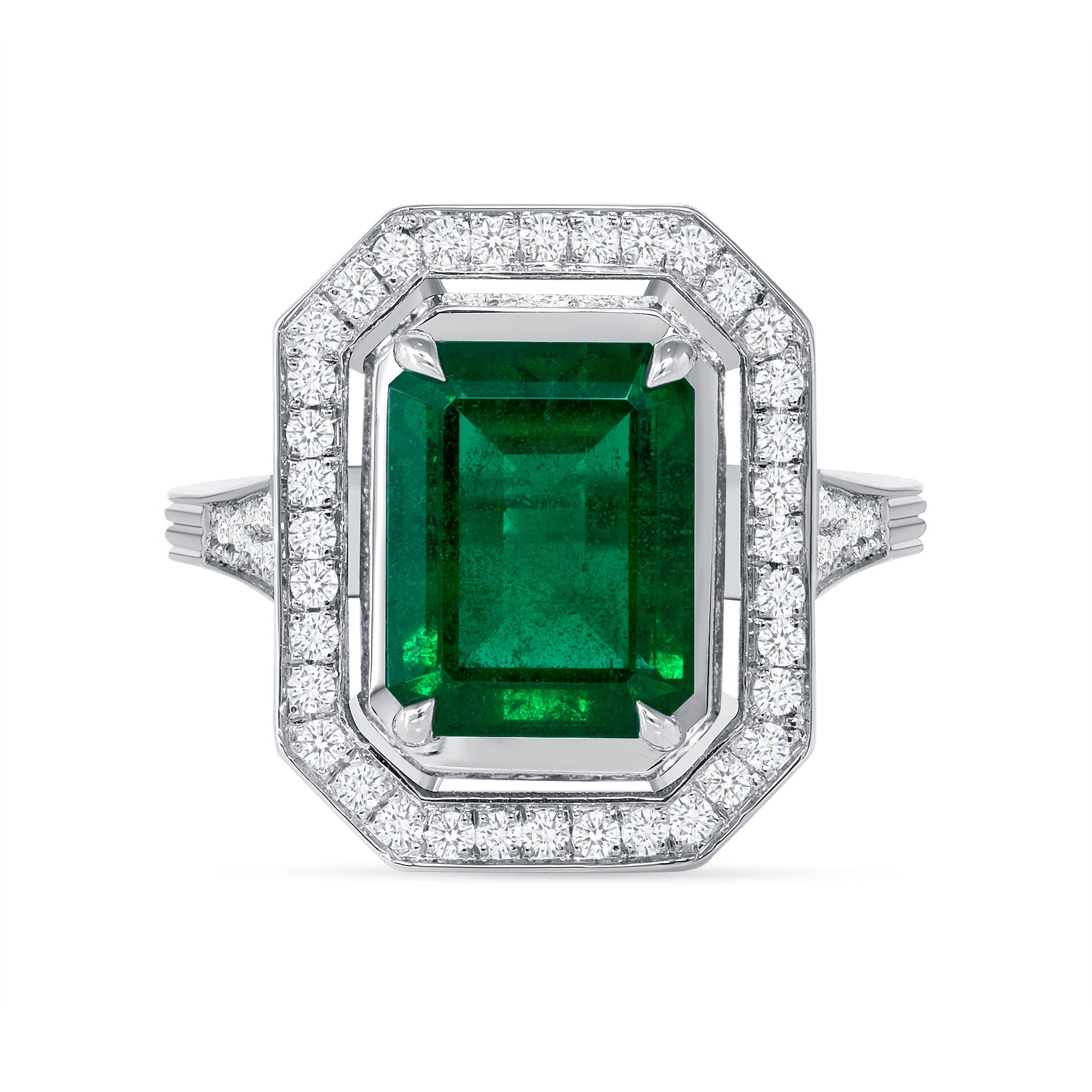 Art Deco Style Halo Emerald Ring - 3.13ct TW
