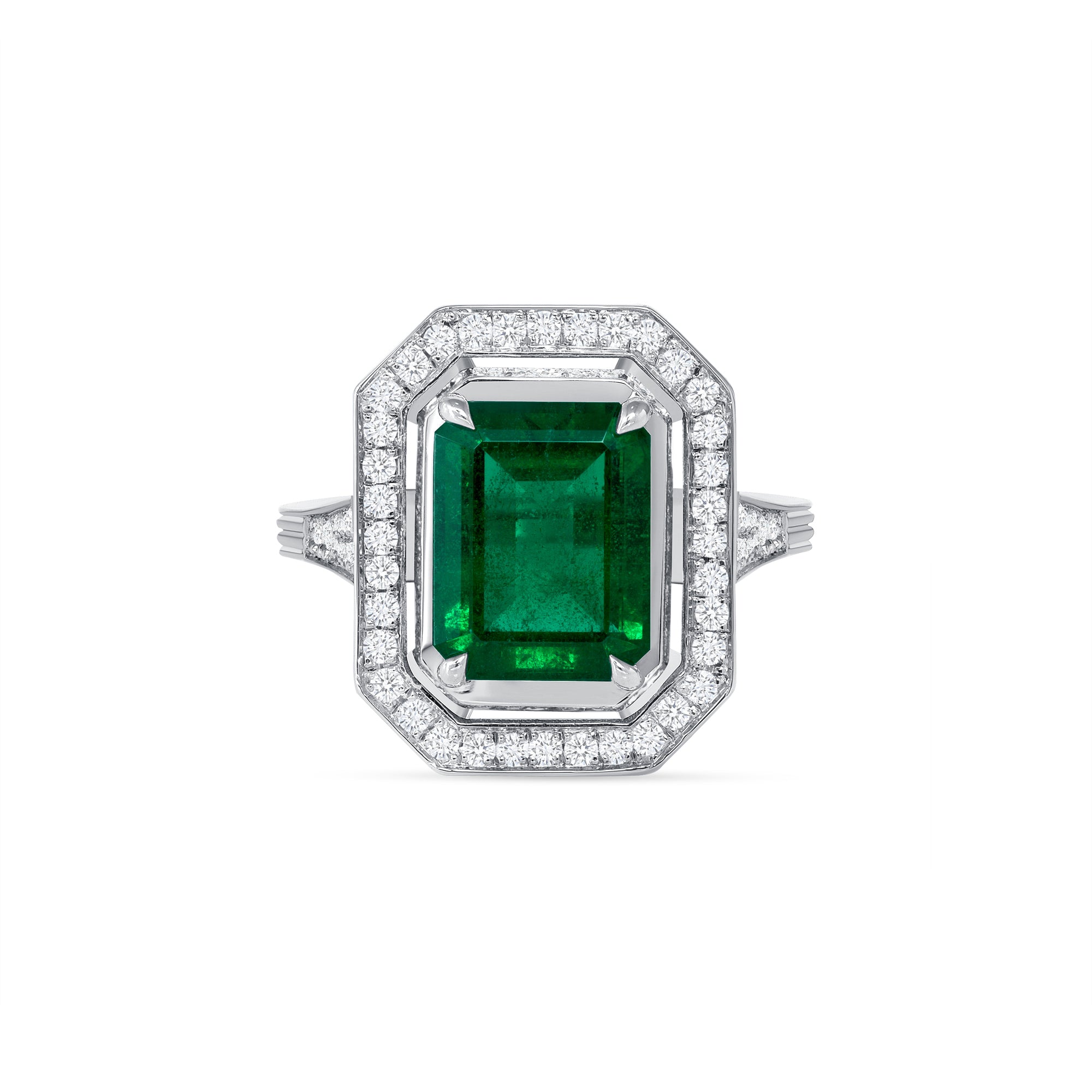 Art Deco Style Halo Emerald Ring - 3.13ct TW