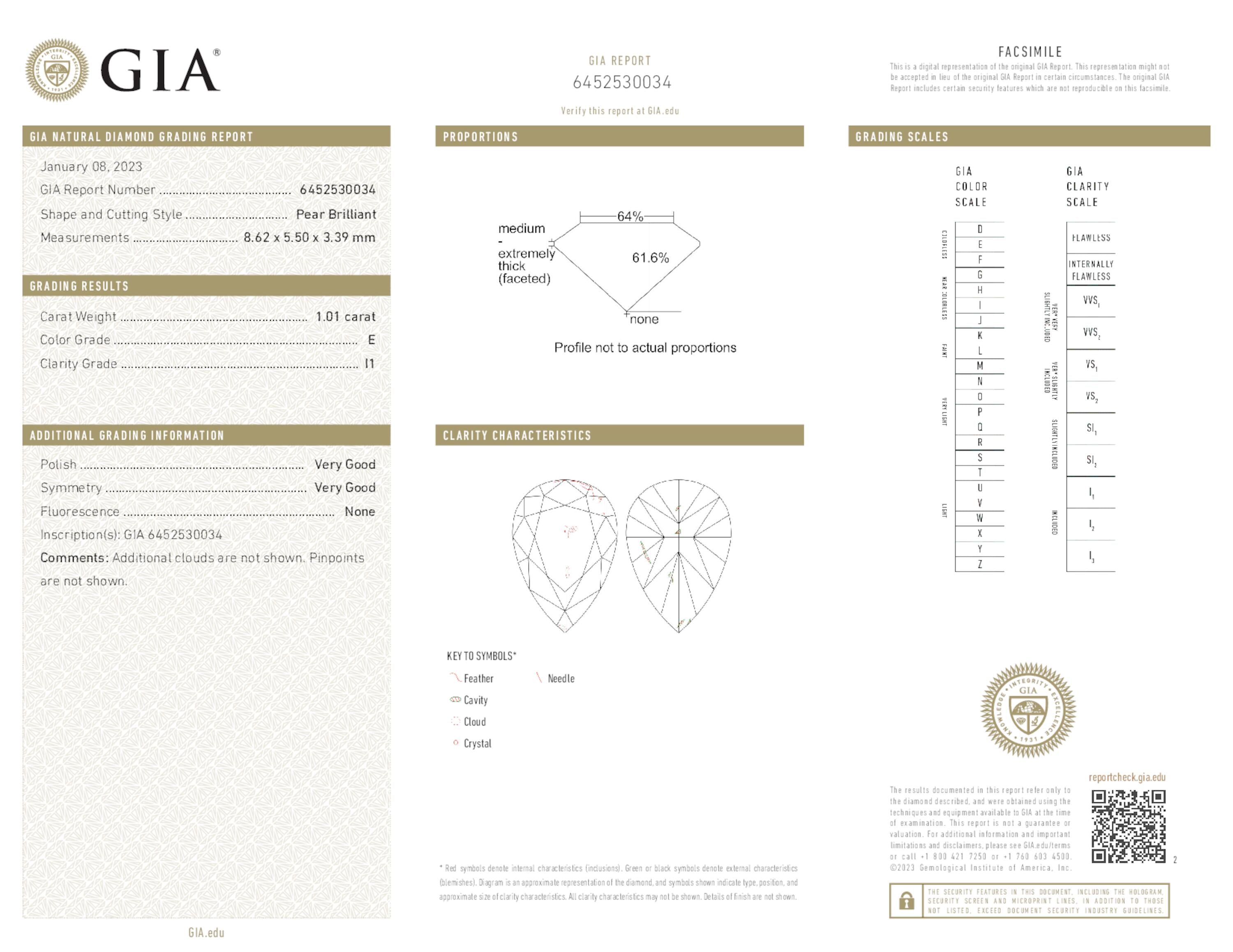 1.01 ct. Pear Shape Diamond E I1 None GIA
