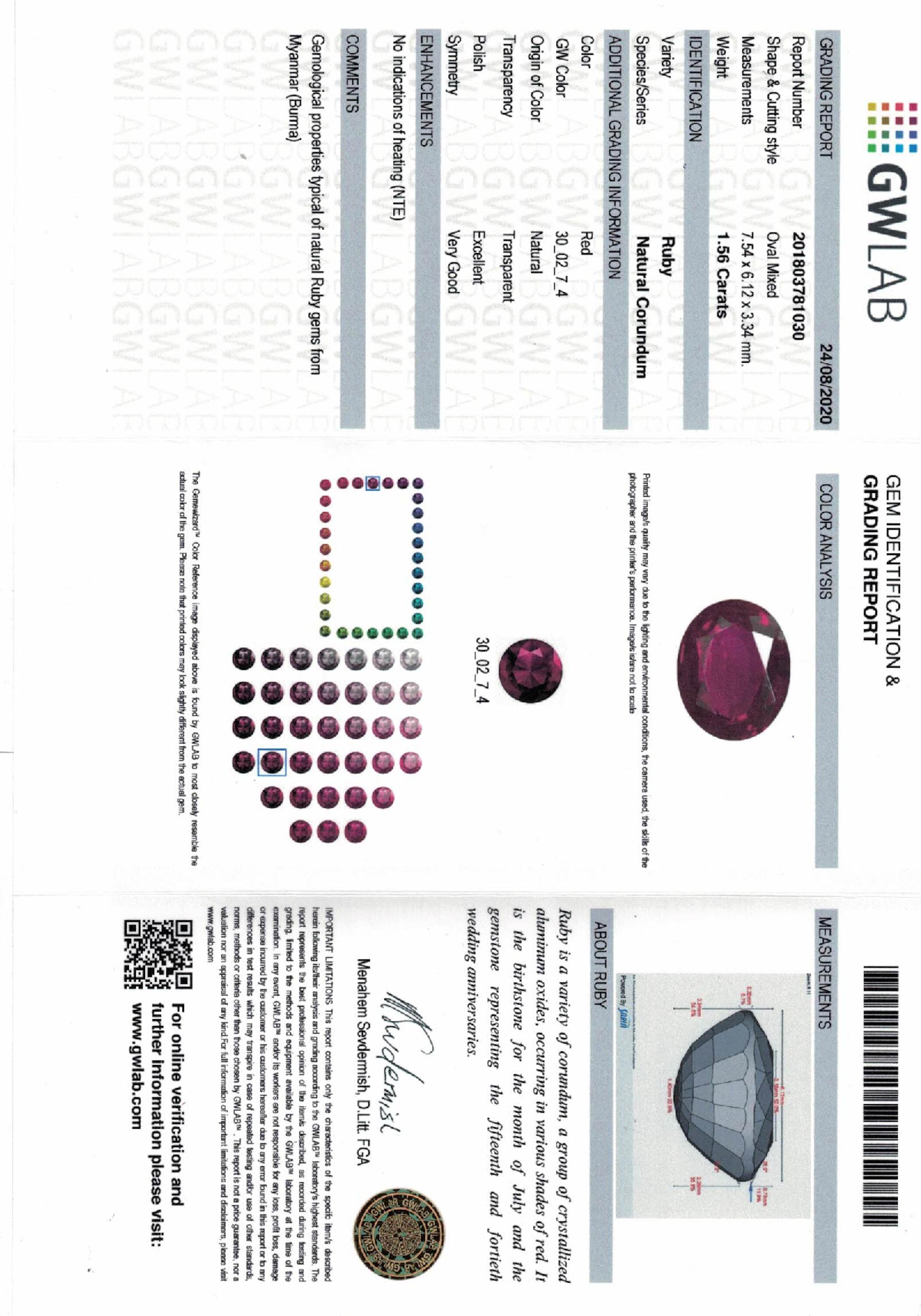 1.56 ct. Oval Ruby O GWLAB No Heat