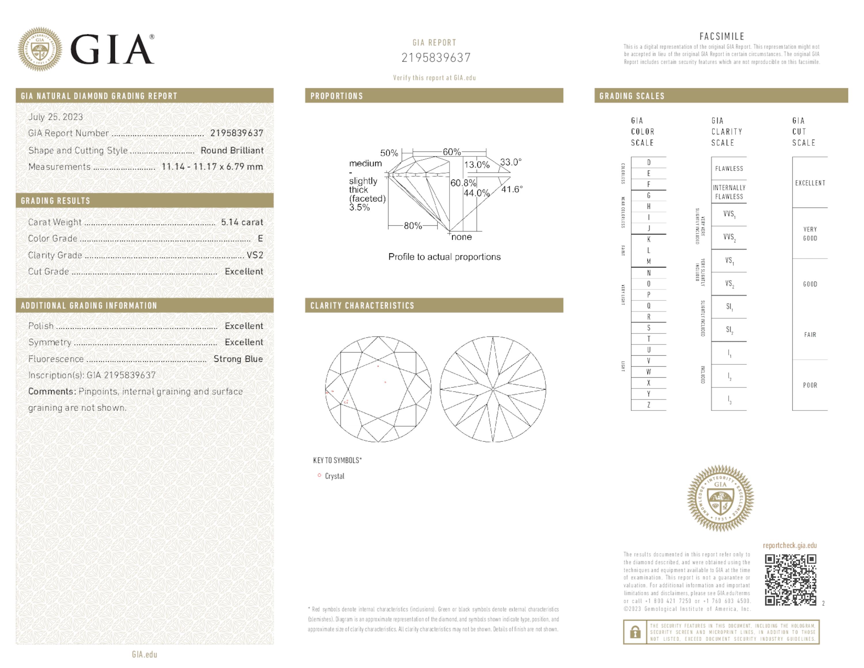 5.14 ct. Round Brilliant Diamond E VS2 EX SB GIA