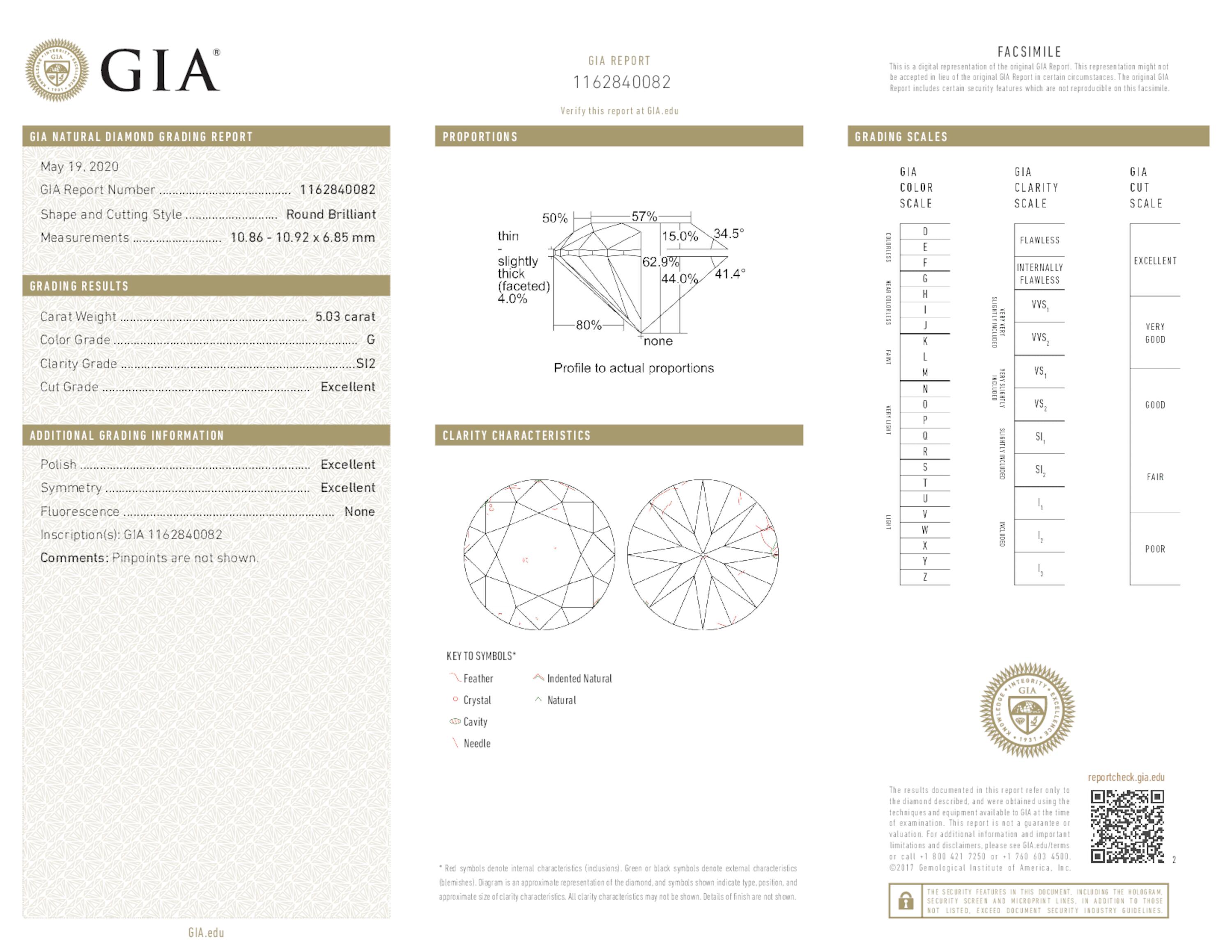 5.03 ct. Round Brilliant Diamond G SI2 EX None GIA