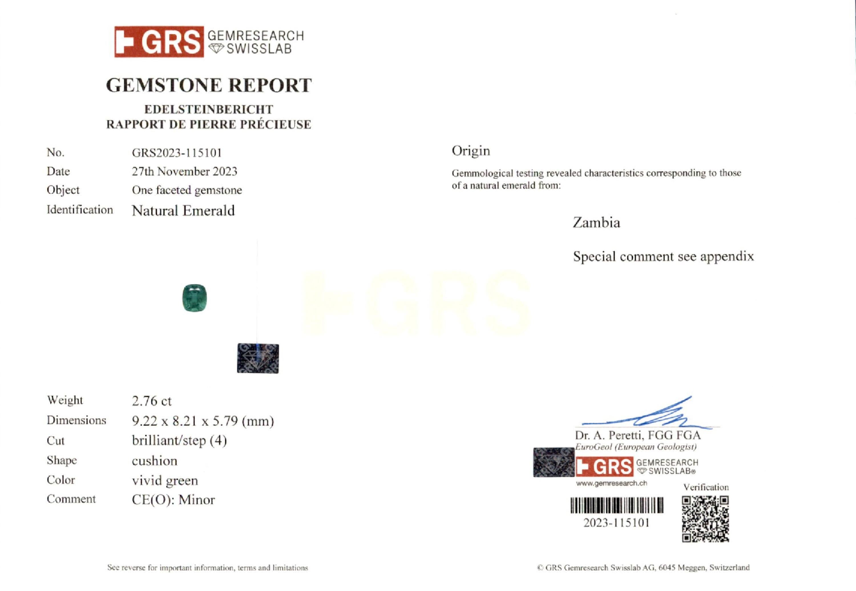 2.76 ct. Cushion Emerald GRS Minor