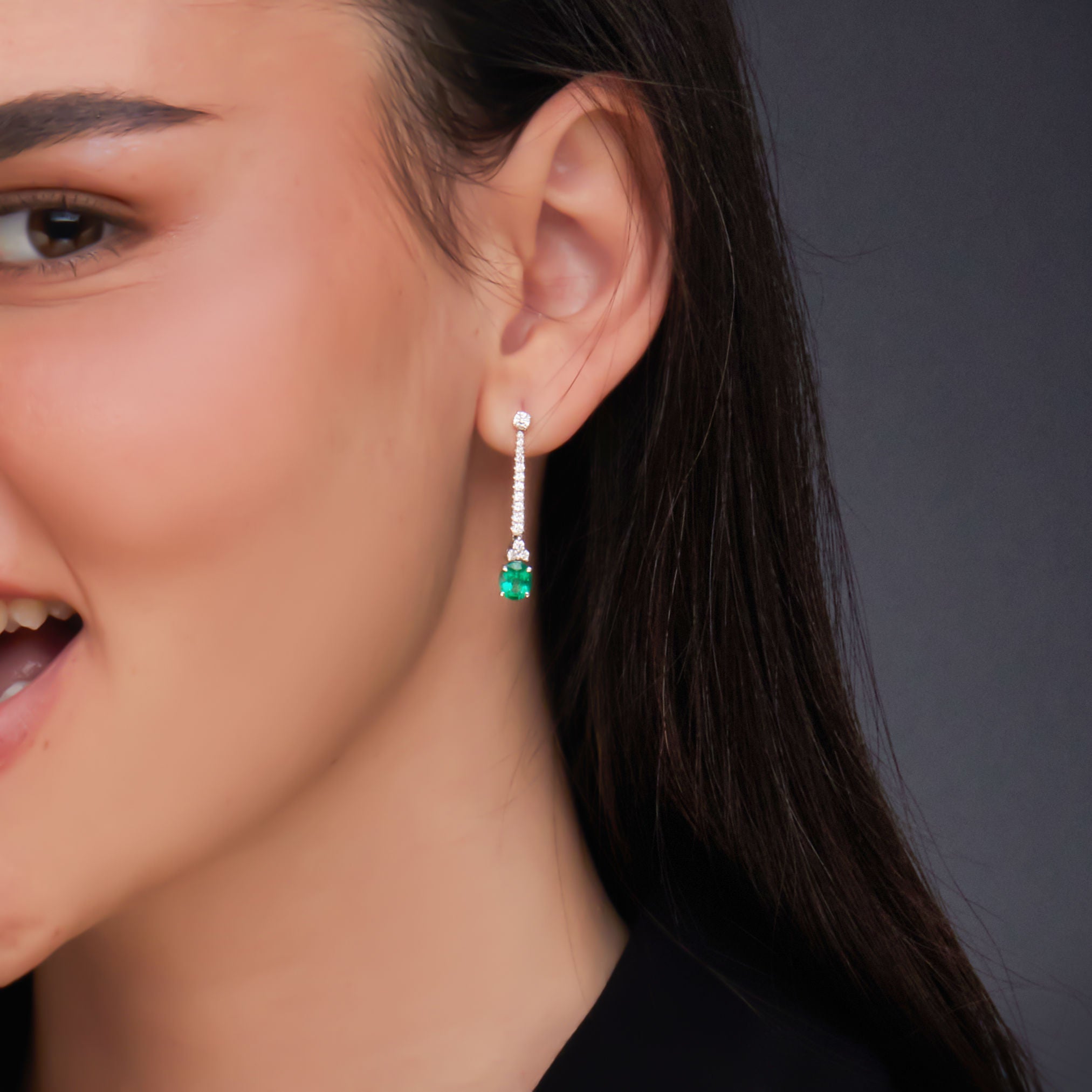 Emerald Oval Shape Drop Earrings - White Gold