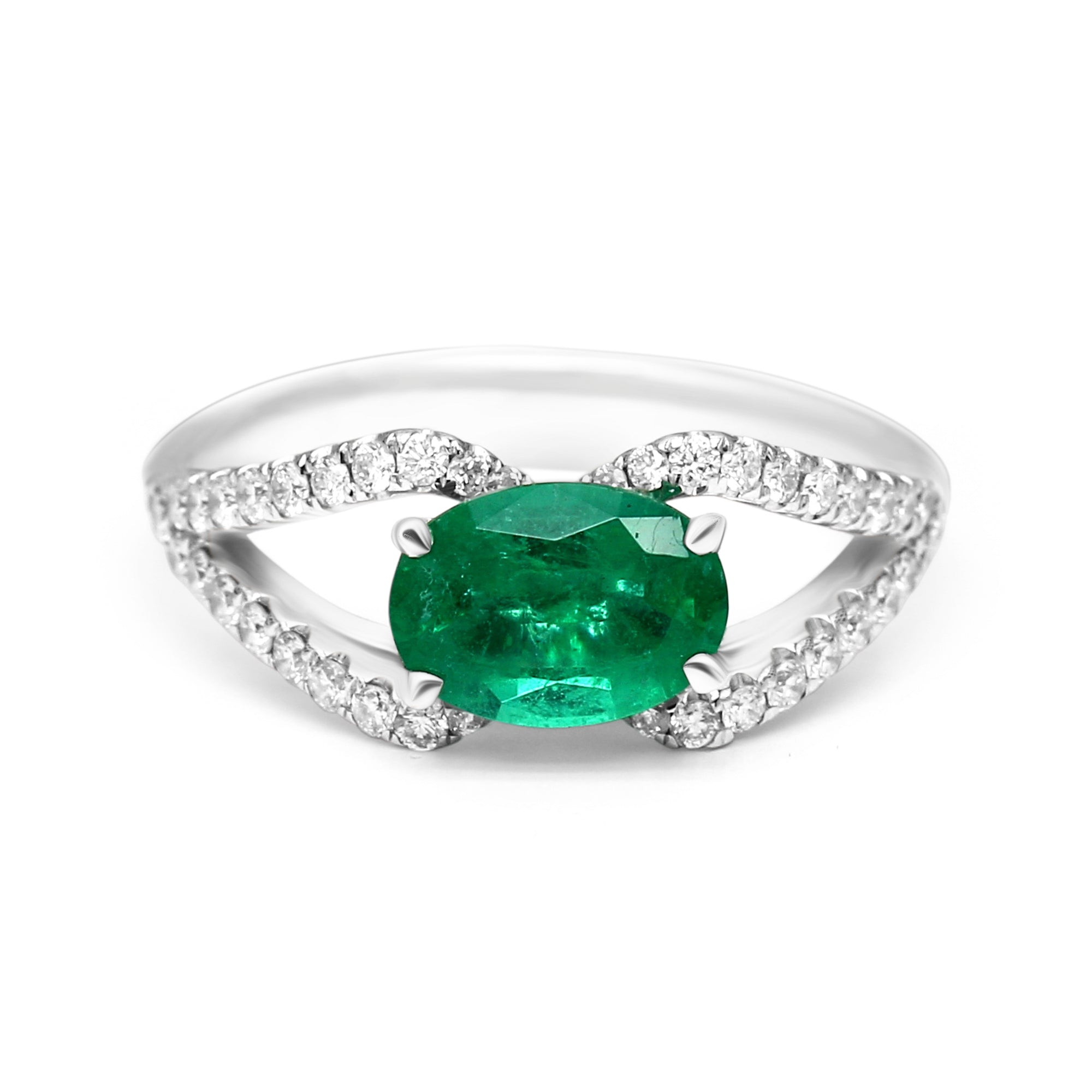Emerald Oval Split Shank Gold Ring - 1.64ct TW