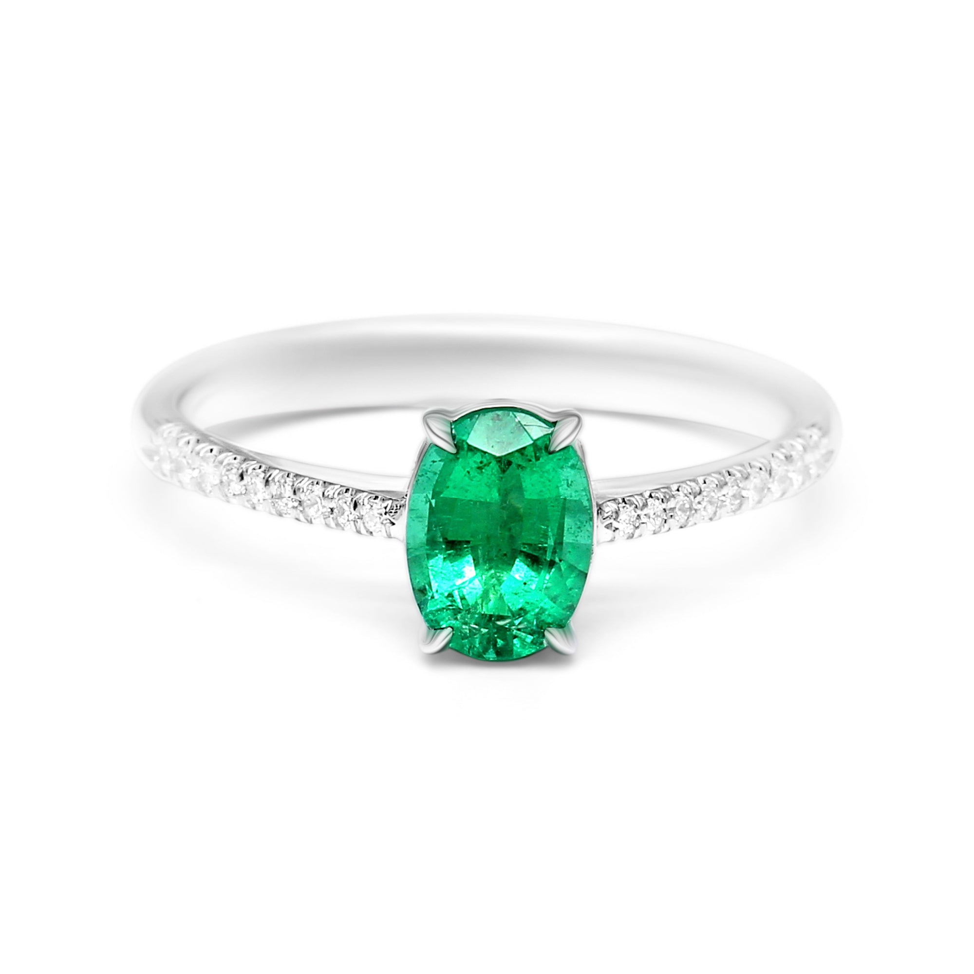 Oval Cut Emerald & Diamonds Ring - 1.03ct TW