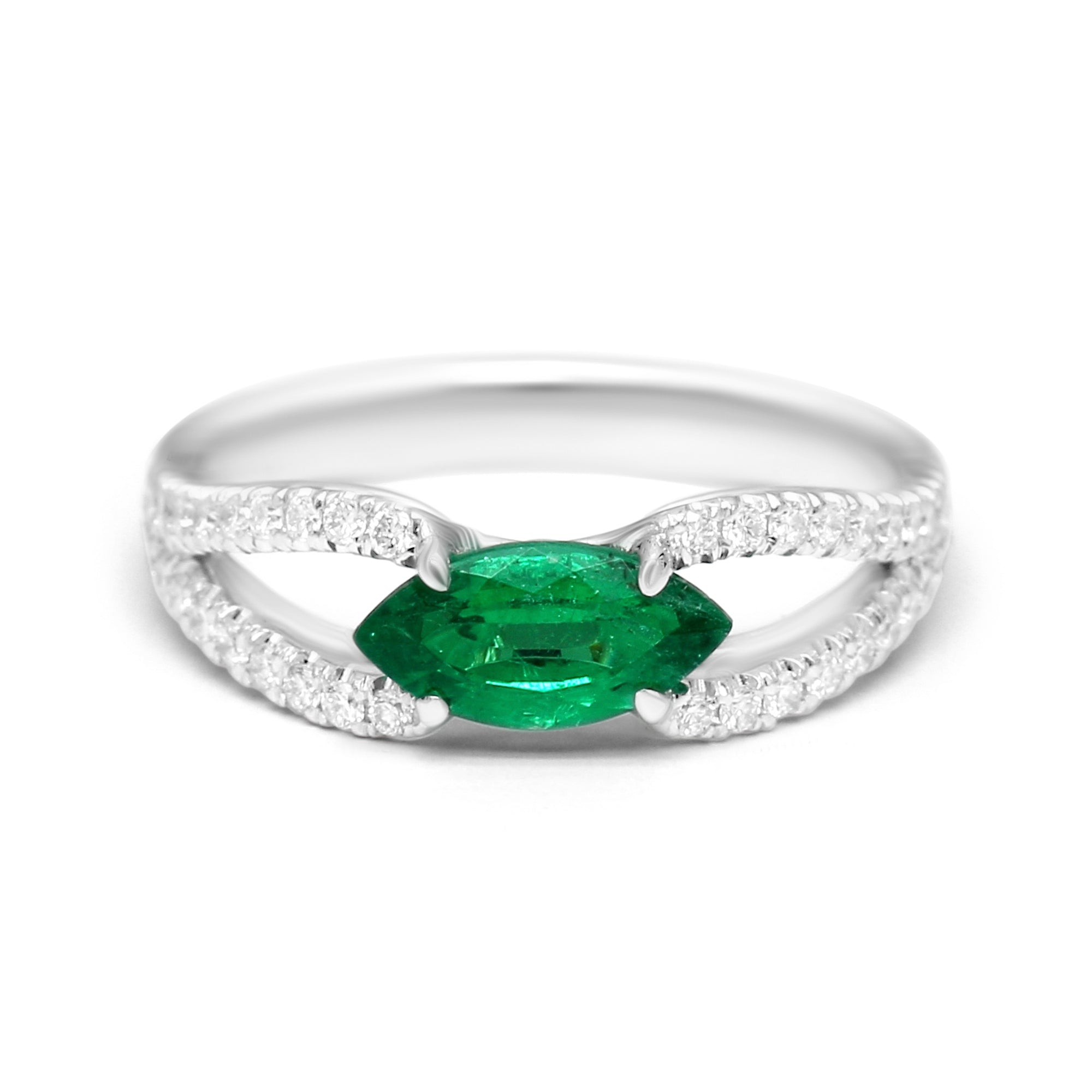 Emerald East-West Split Shank Gold Ring -1.23ct TW