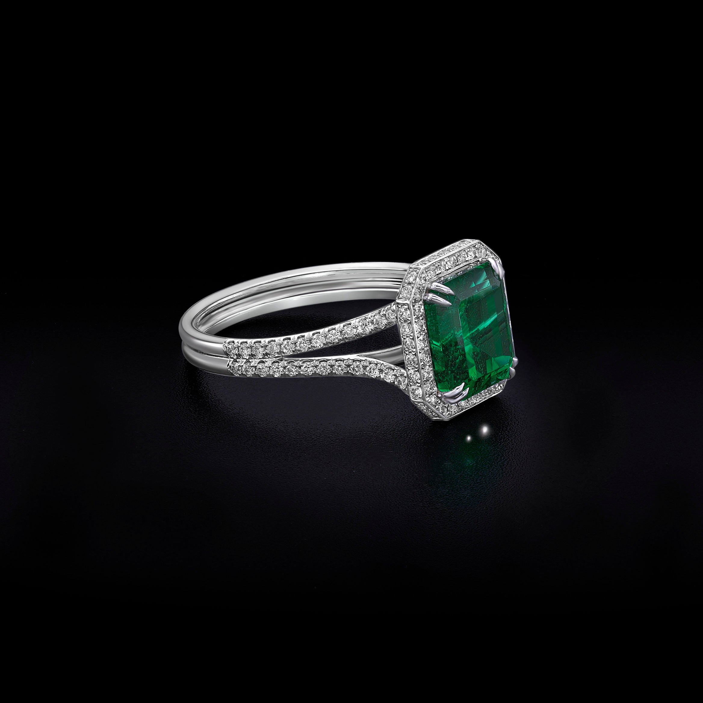 Emerald Halo Ring with Split Shank - 3.21ct TW