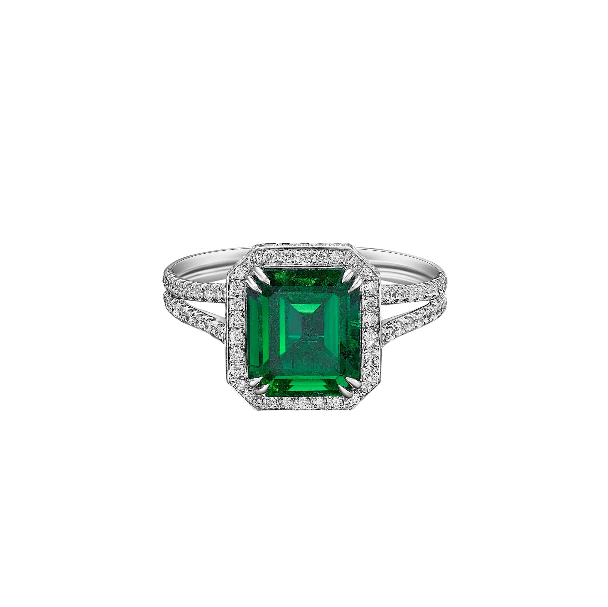 Emerald Halo Ring with Split Shank - 3.21ct TW