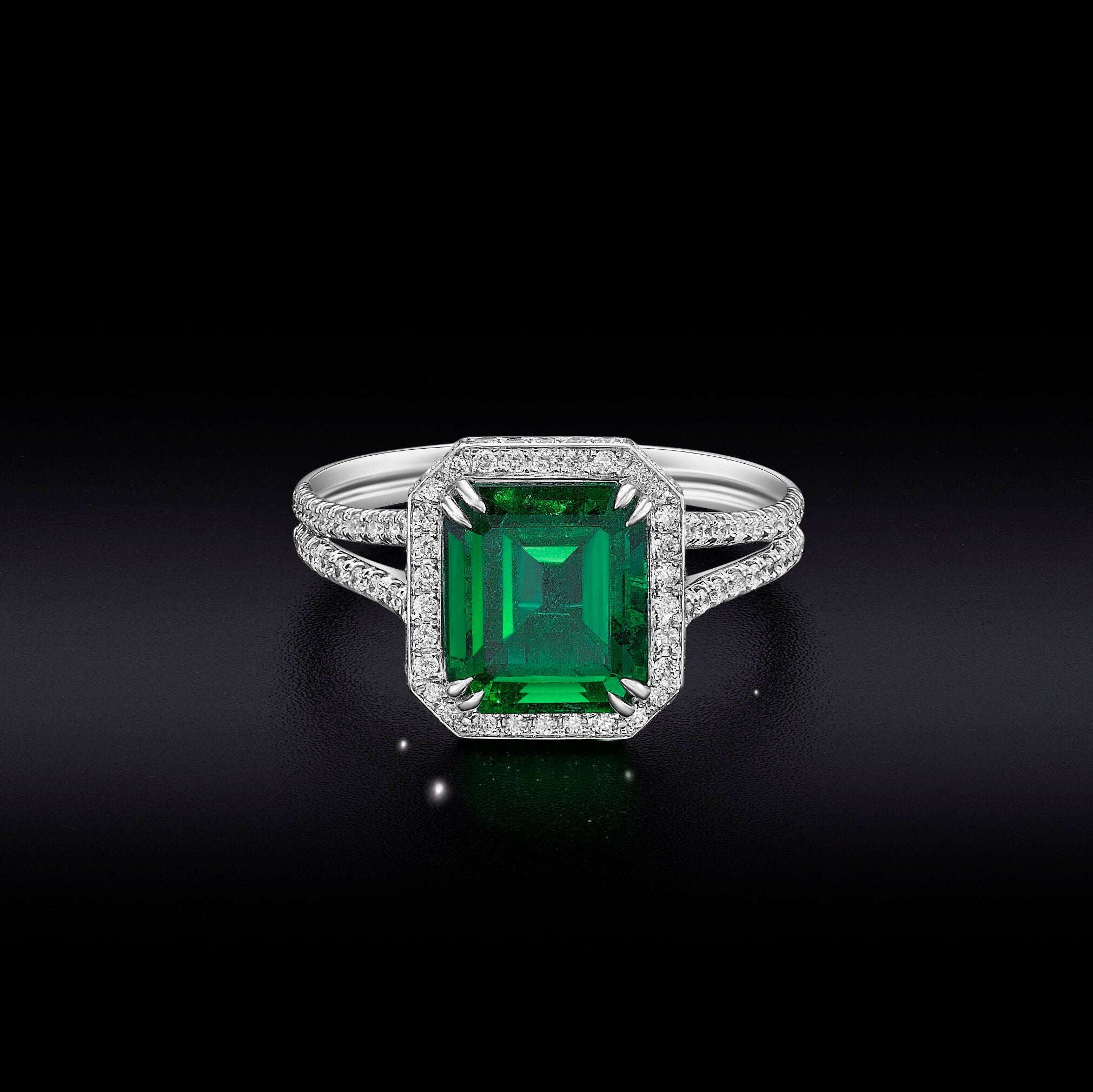 Emerald Halo Ring with Split Shank - 3.21ct TW