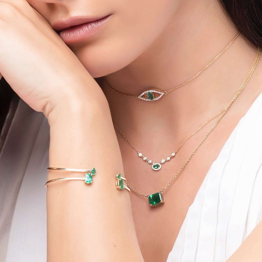 Emerald East to West Pendant - Eshli Fine Jewelry