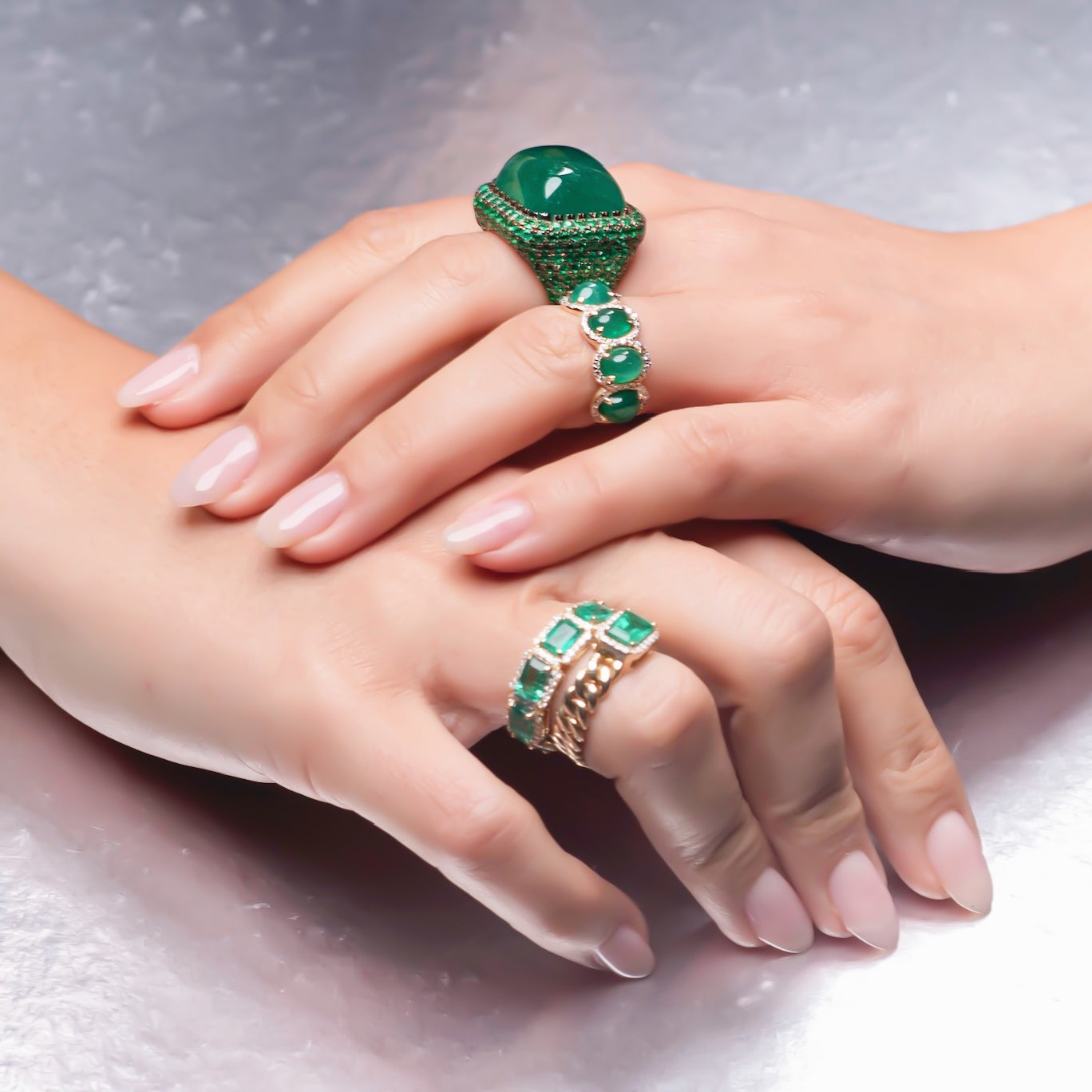 Emerald Cabochon Half Eternity Ring - 4.33ct TW