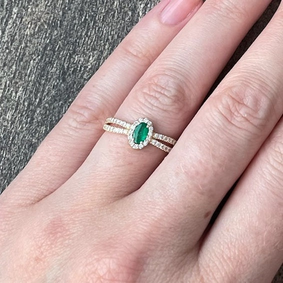Oval Emerald Double Shank Halo Ring - Eshli