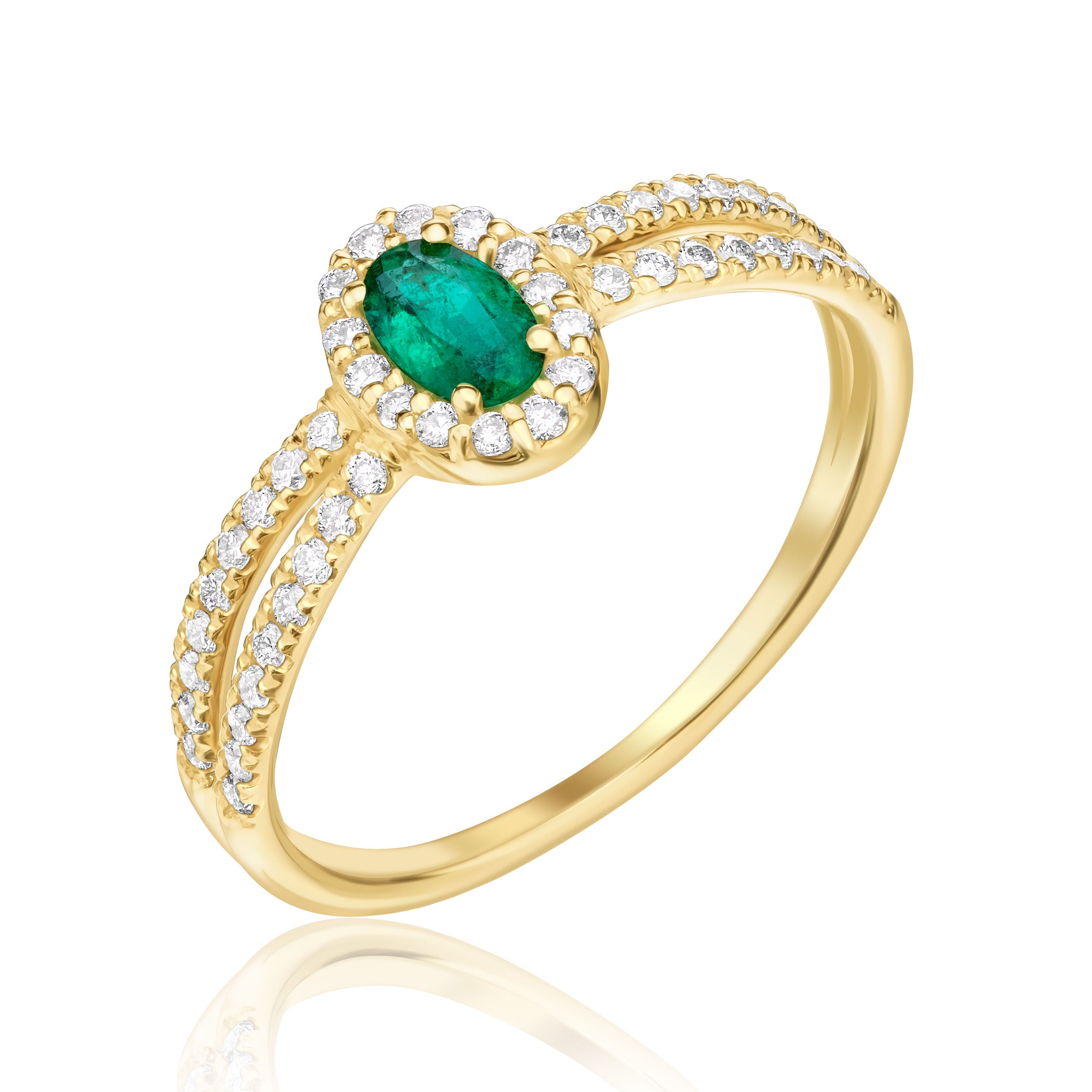Oval Emerald Double Shank Halo Ring - 0.49ct TW