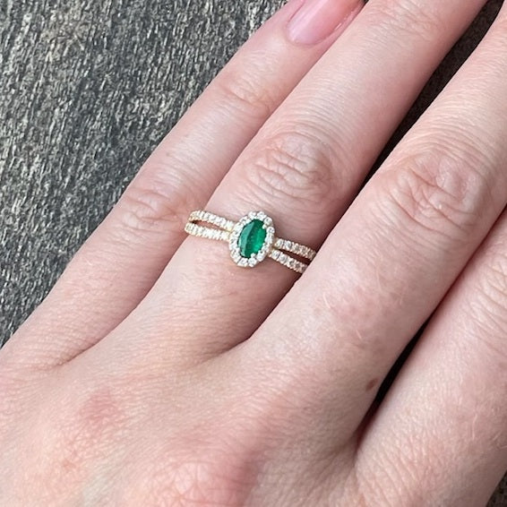 Oval Emerald Double Shank Halo Ring - 0.49ct TW