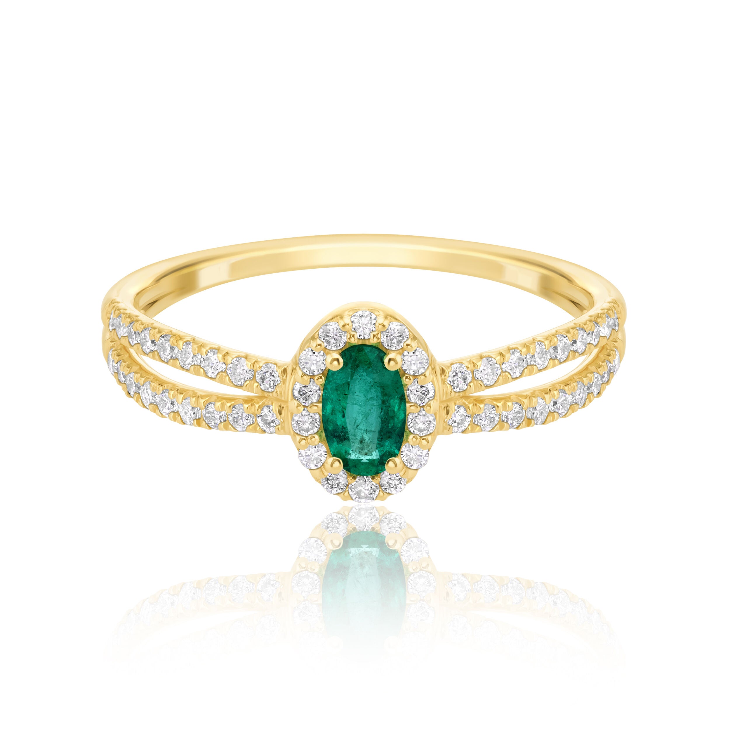 Oval Emerald Double Shank Halo Ring - 0.49ct TW