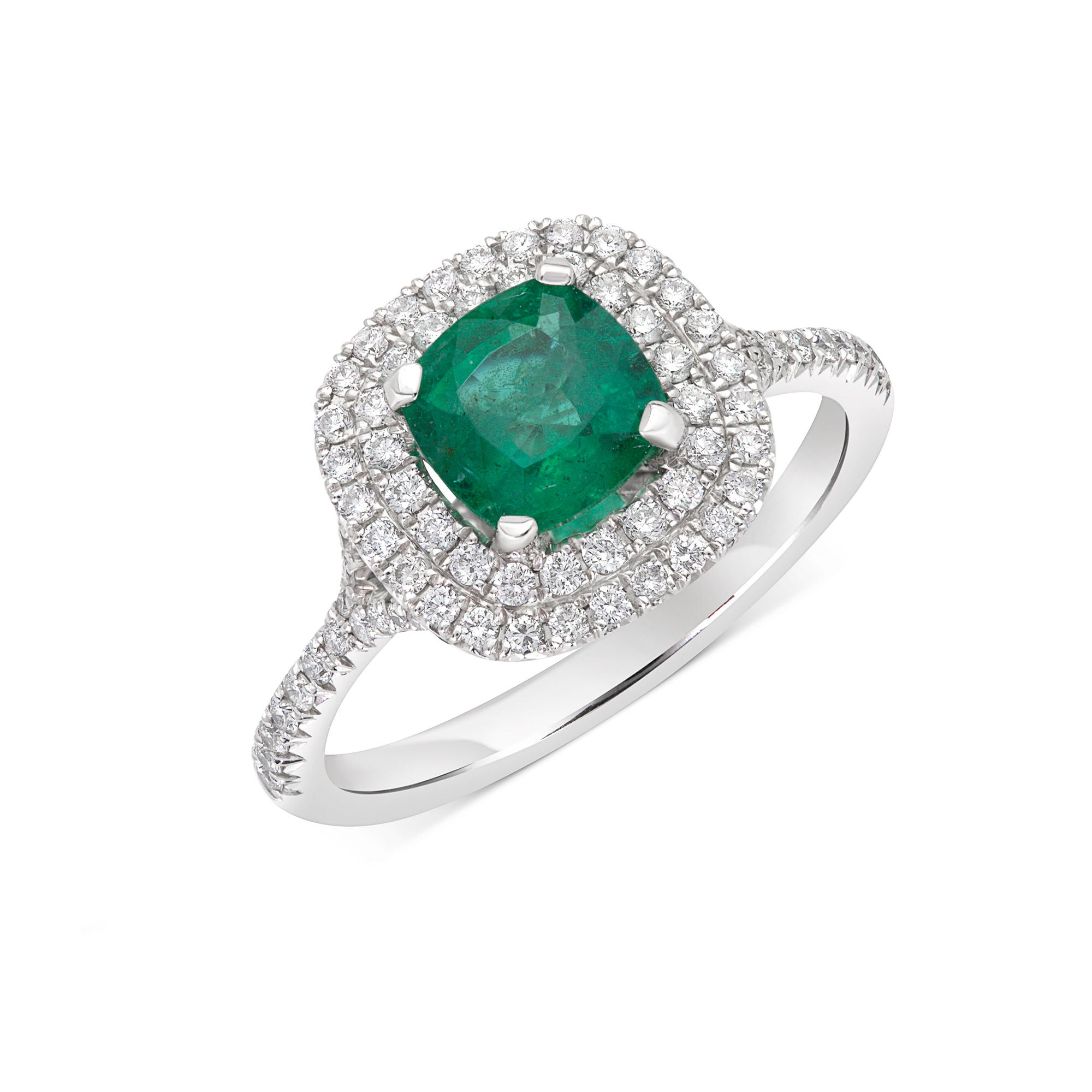Emerald Double Halo Ring - White Gold