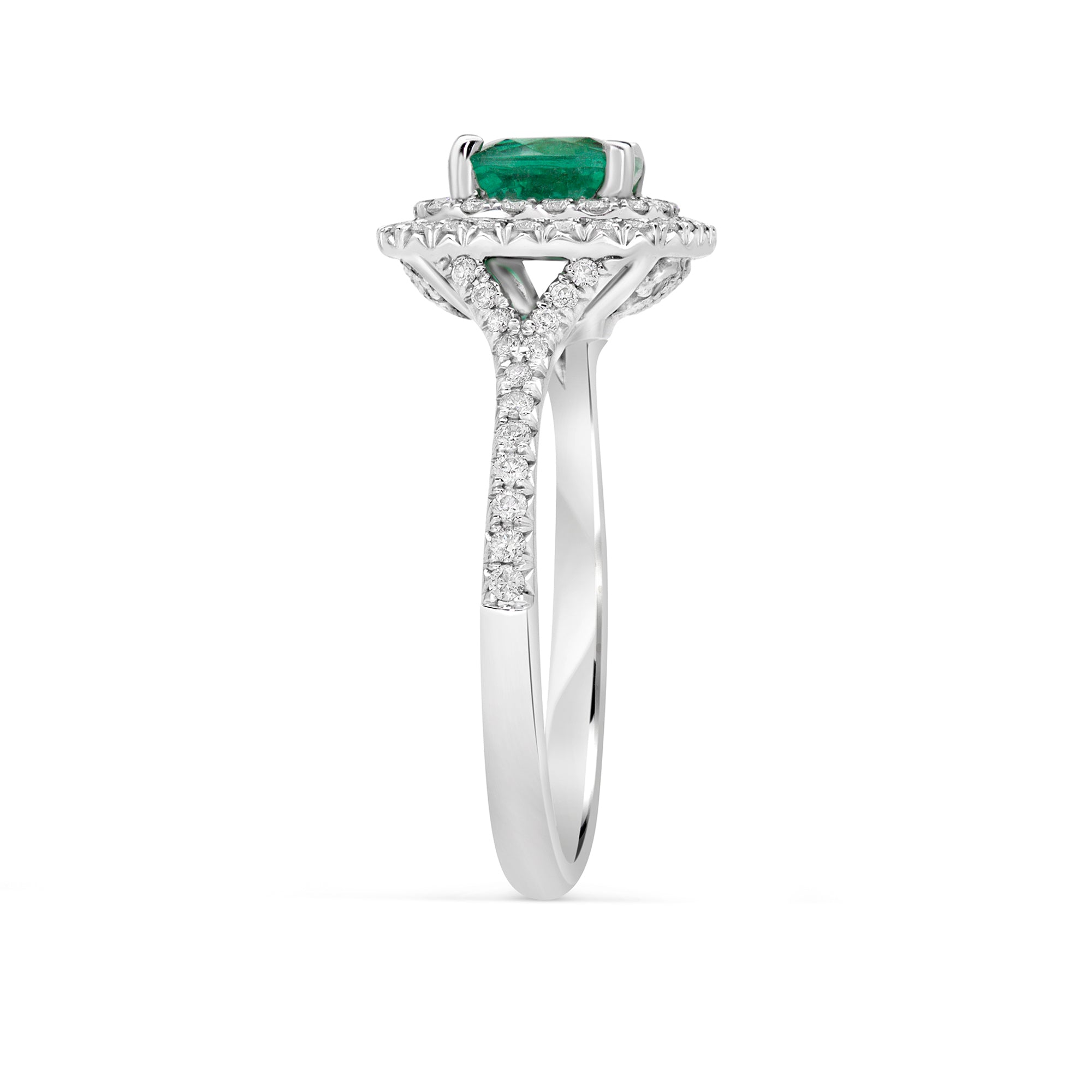 Emerald Double Halo Ring - Eshli Fine Jewelry