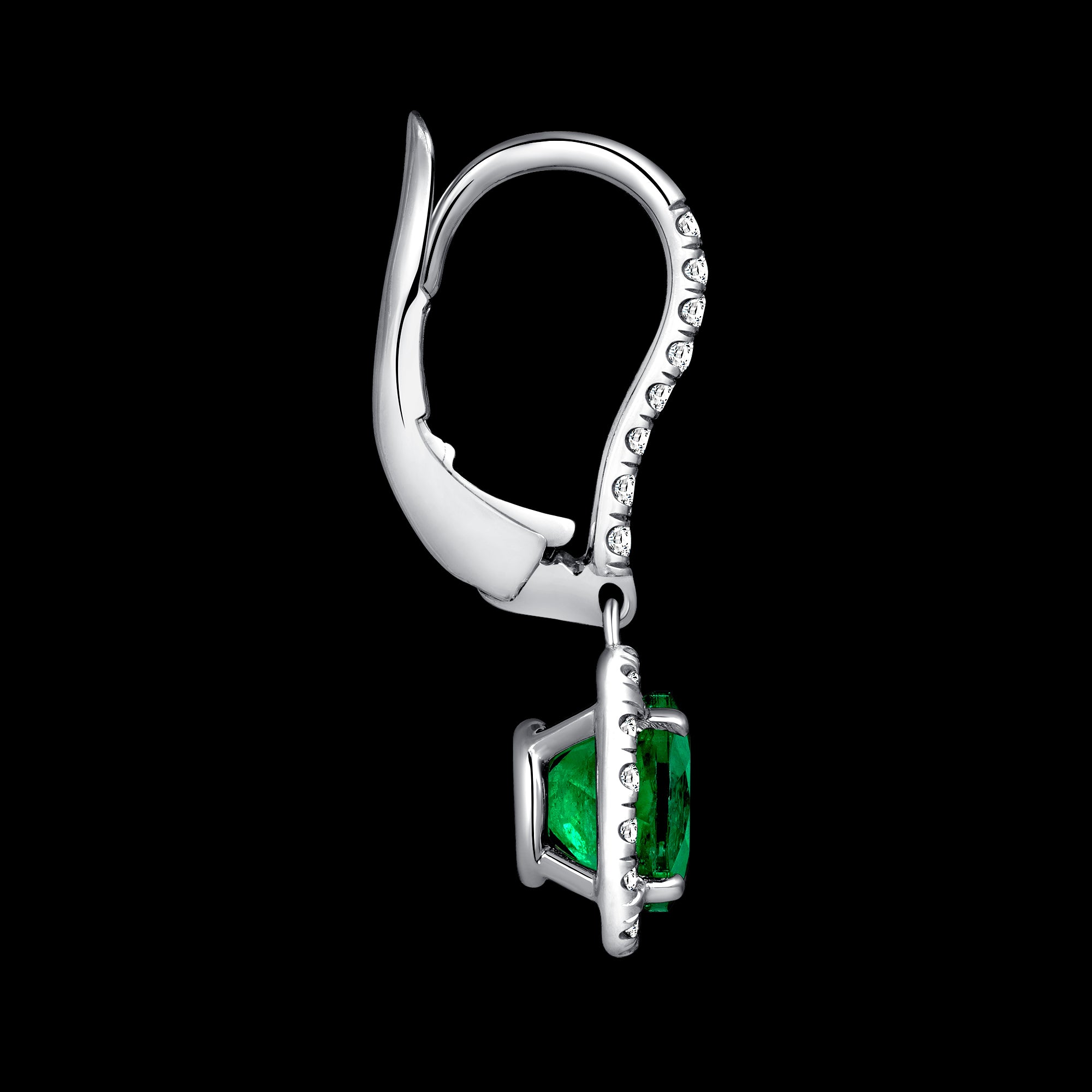 Round Emerald Halo Drop Earrings - Eshli Fine Jewelry