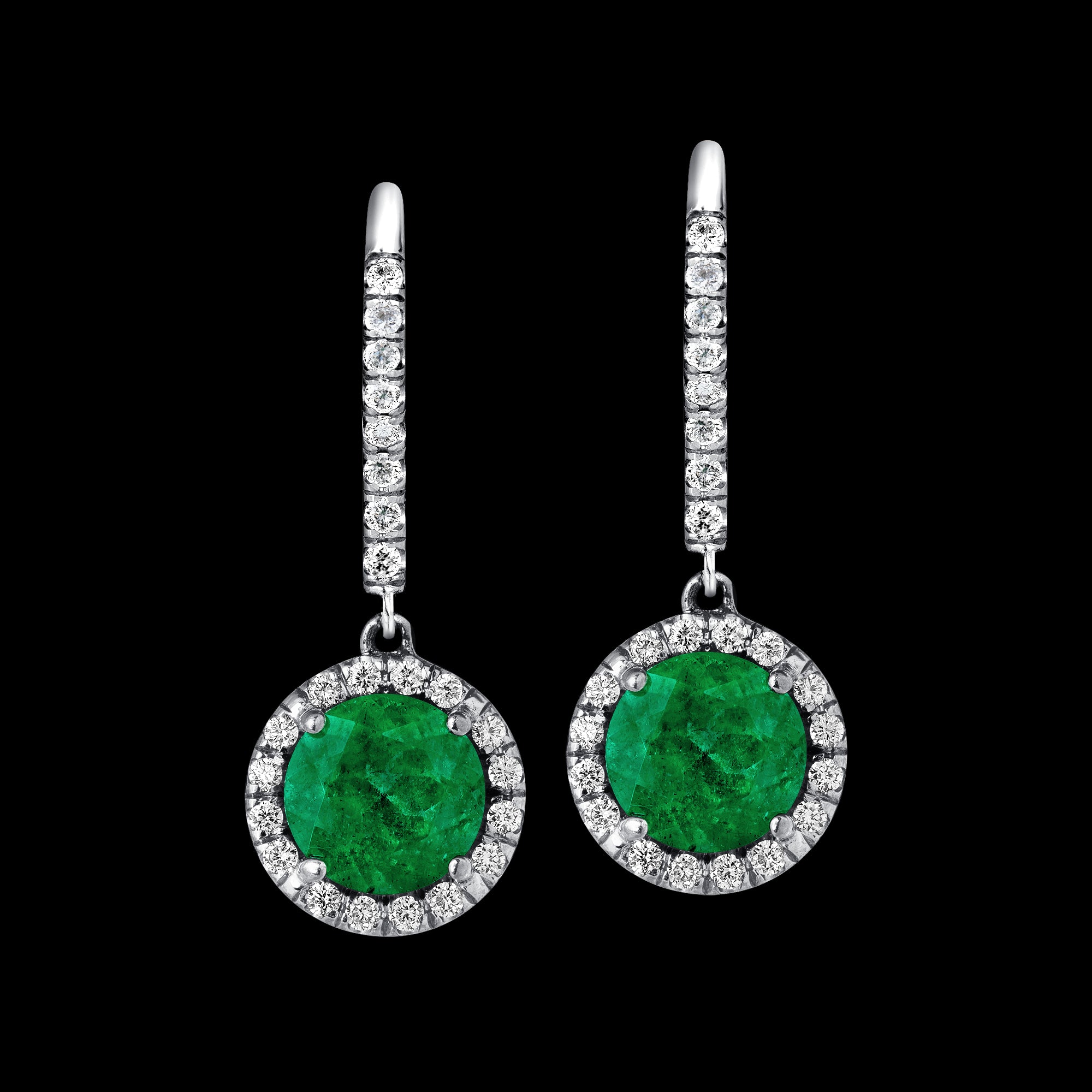 Round Emerald Halo Drop Earrings - 2.01ct TW