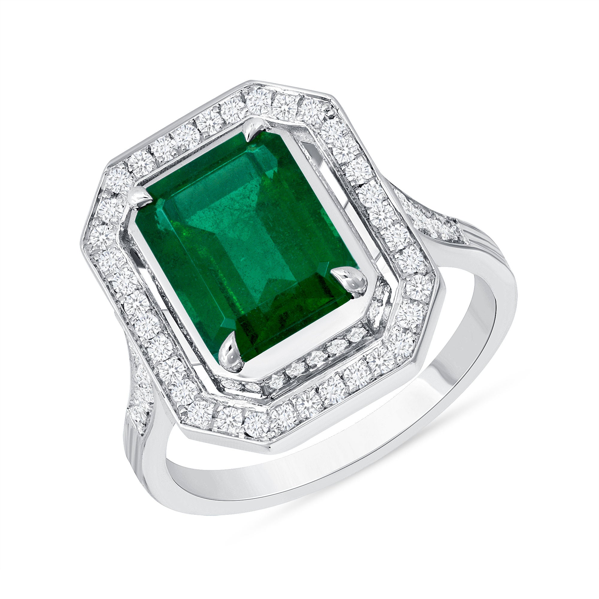 Art Deco Style Halo Emerald Ring - 3.13ct TW