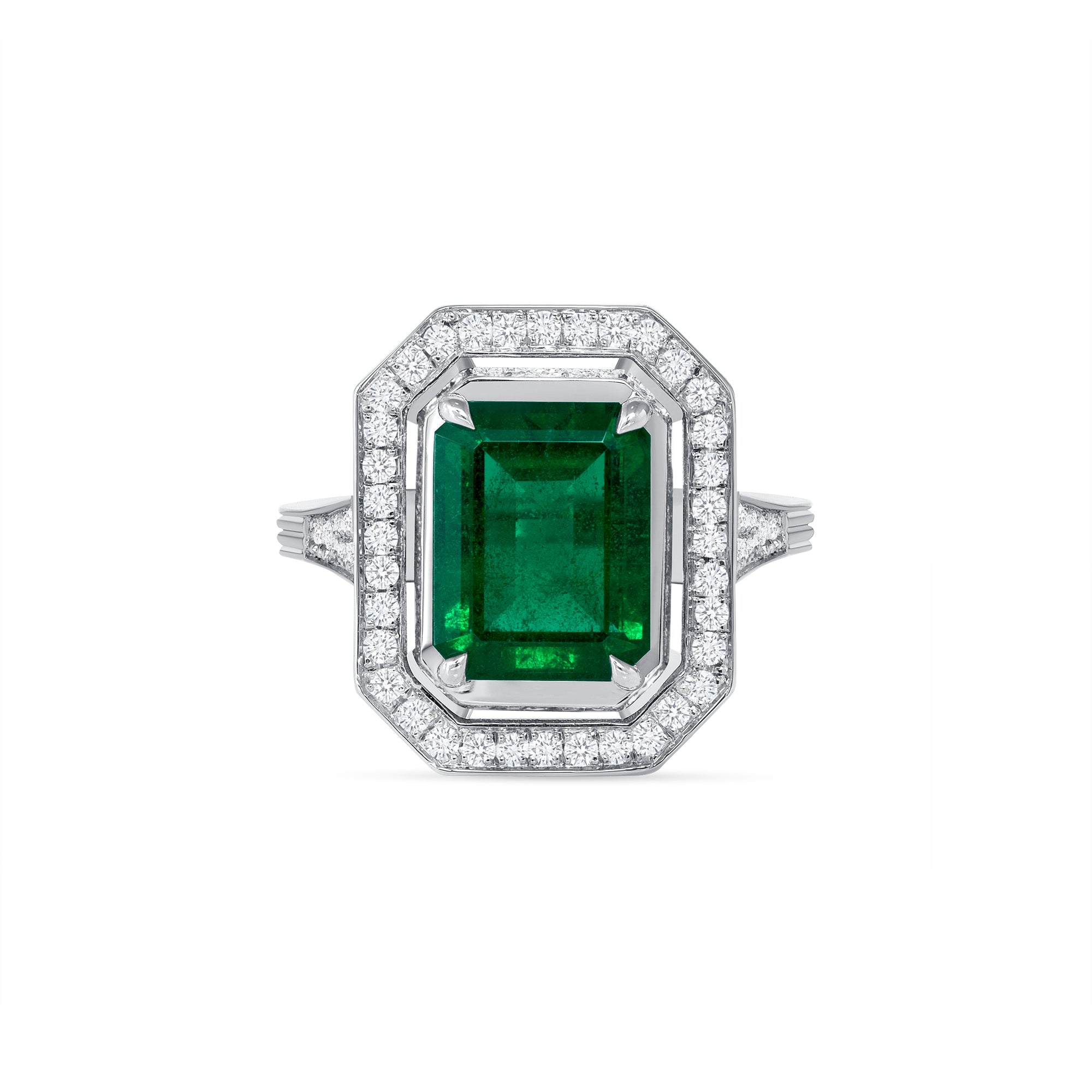 Art Deco Style Halo Emerald Ring - 3.13ct TW