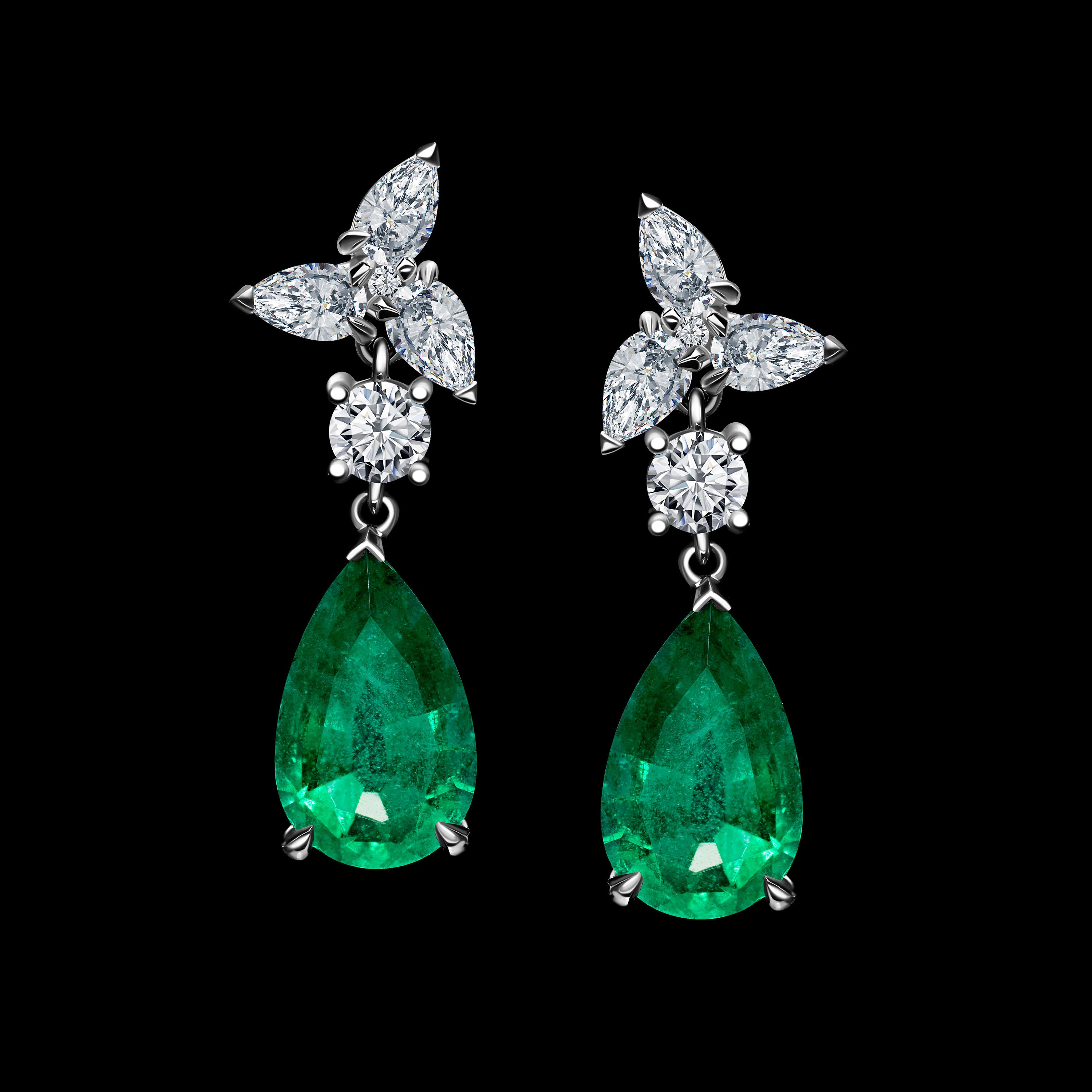 Pear Shape Emerald & Diamond Earrings  - 2.69ct TW