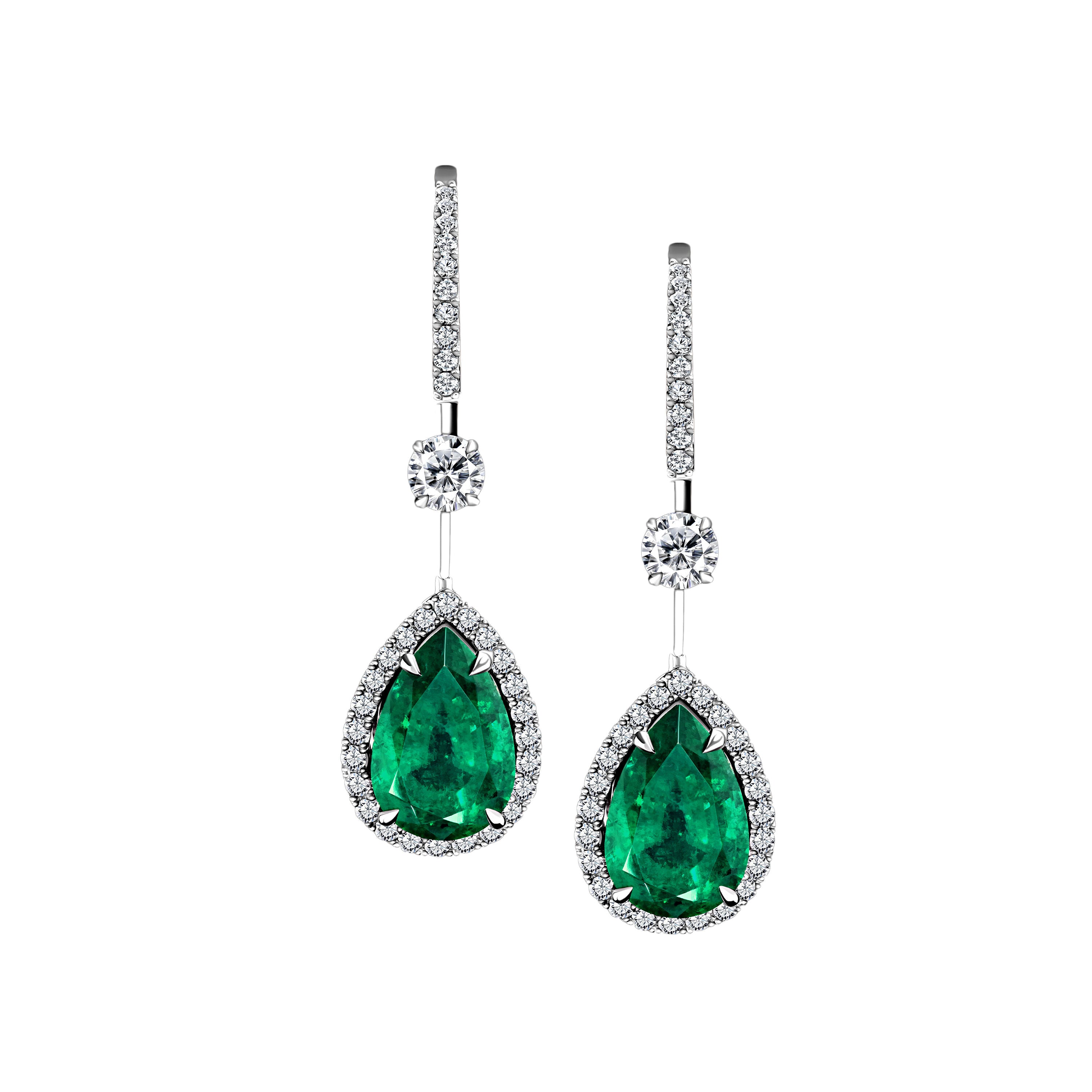 Pear Shape Emerald Drop Halo Earrings - 6.52ct TW