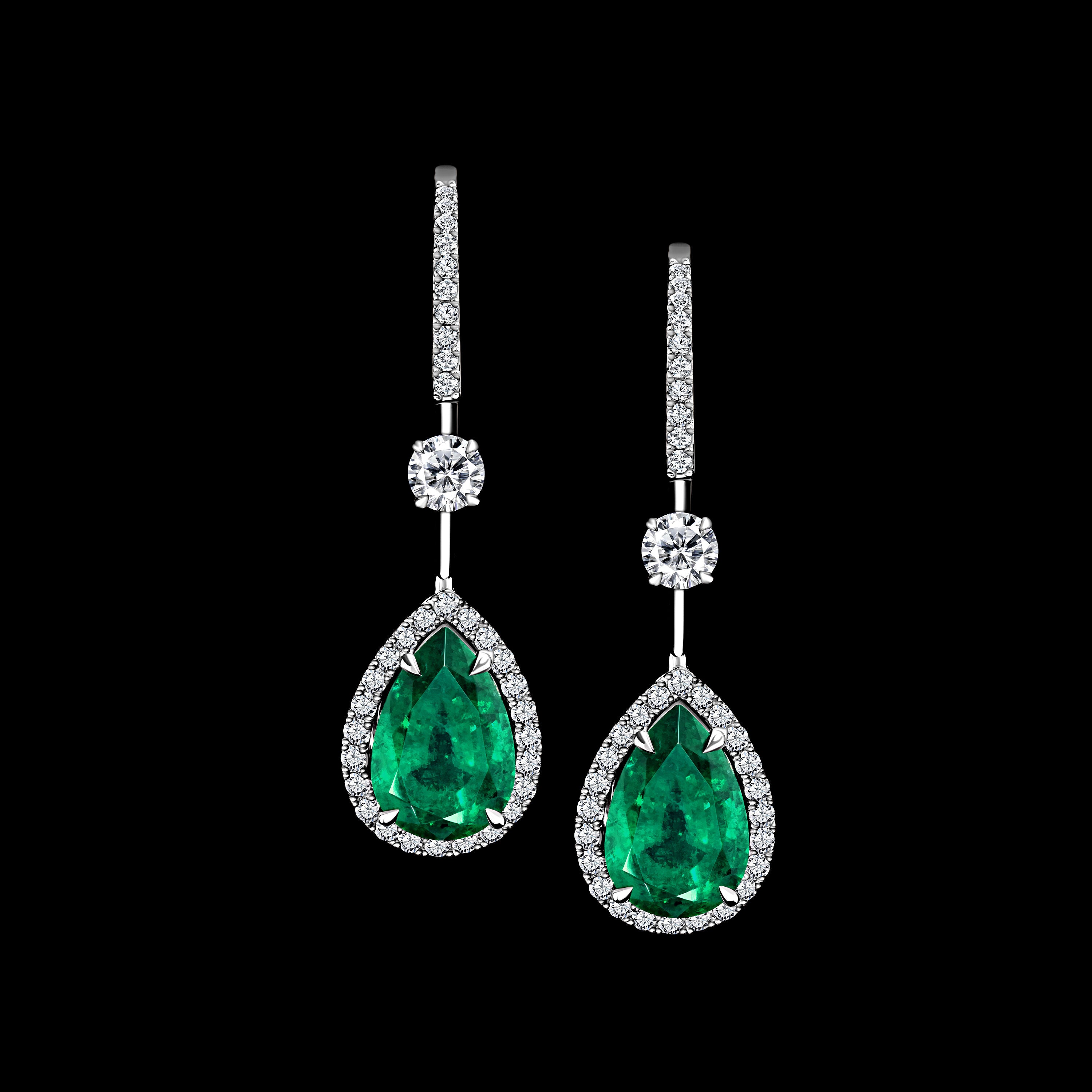 Pear Shape Emerald Drop Halo Earrings - 6.52ct TW