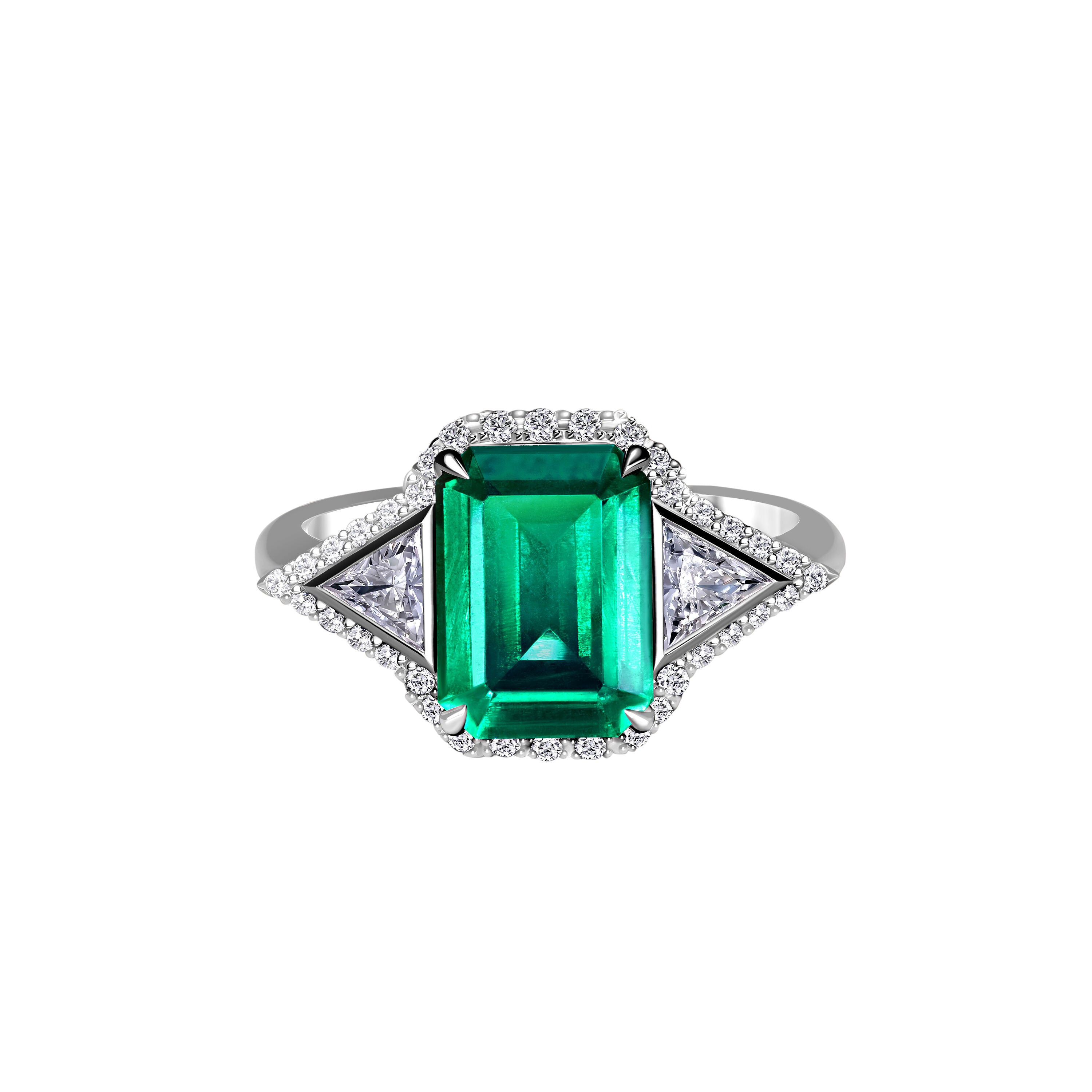 Emerald Side Stone Halo Ring - 3.49ct TW