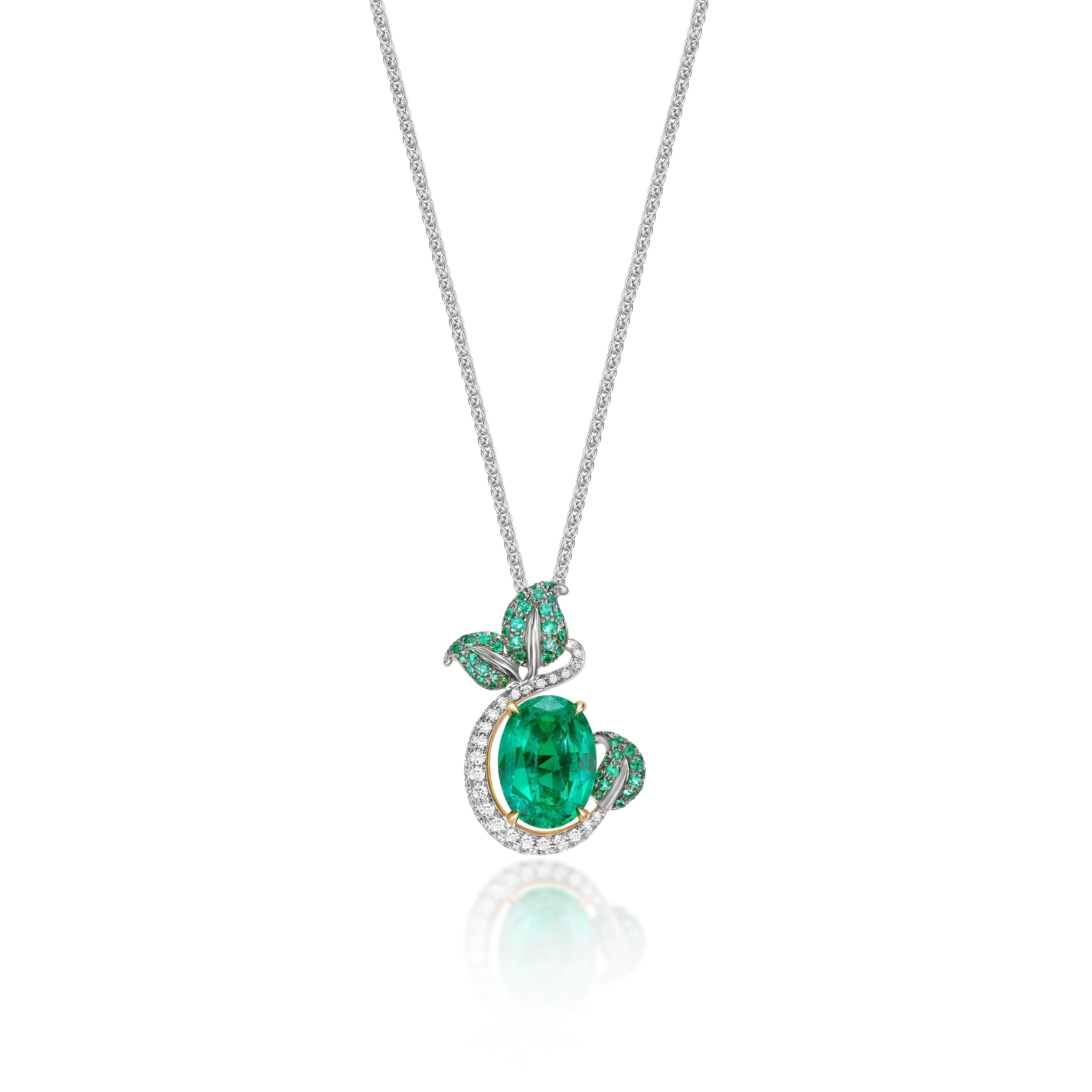 Oval Shape Emerald Pendant with Diamonds-3.79ct TW