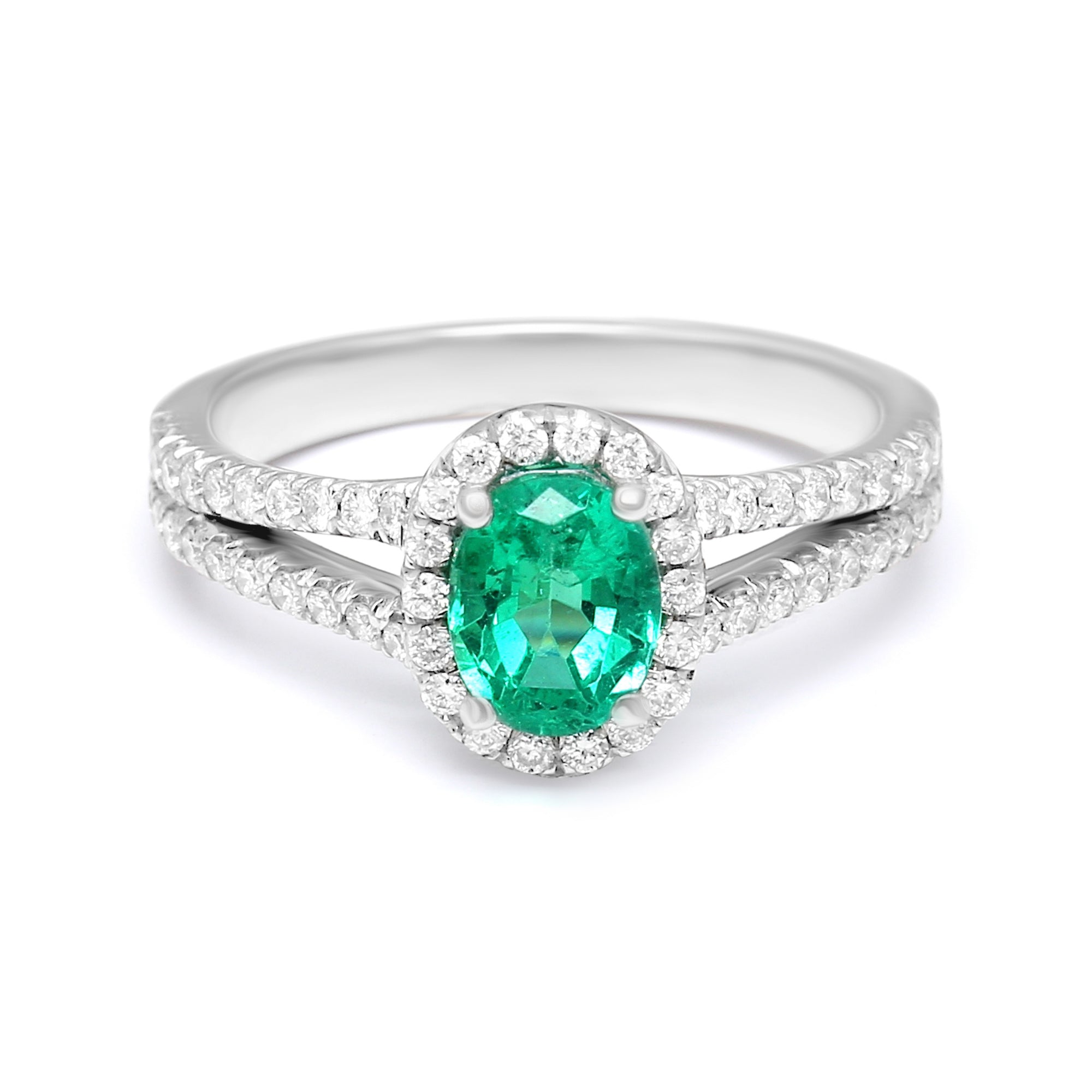 Emerald Oval Double Shank Halo Ring - 1.29ct TW