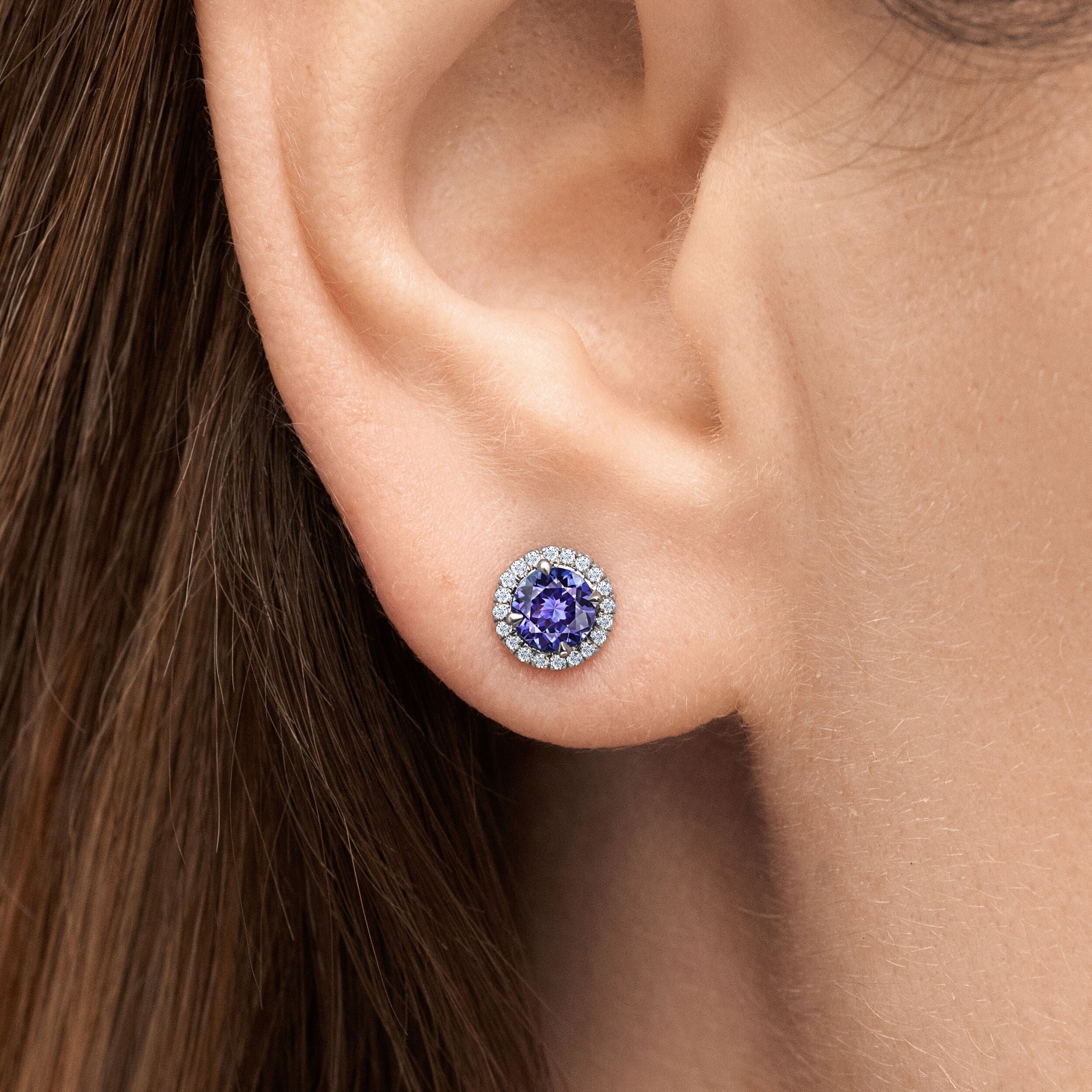 Tanzanite Round Halo Stud Earrings - 1.02ct TW