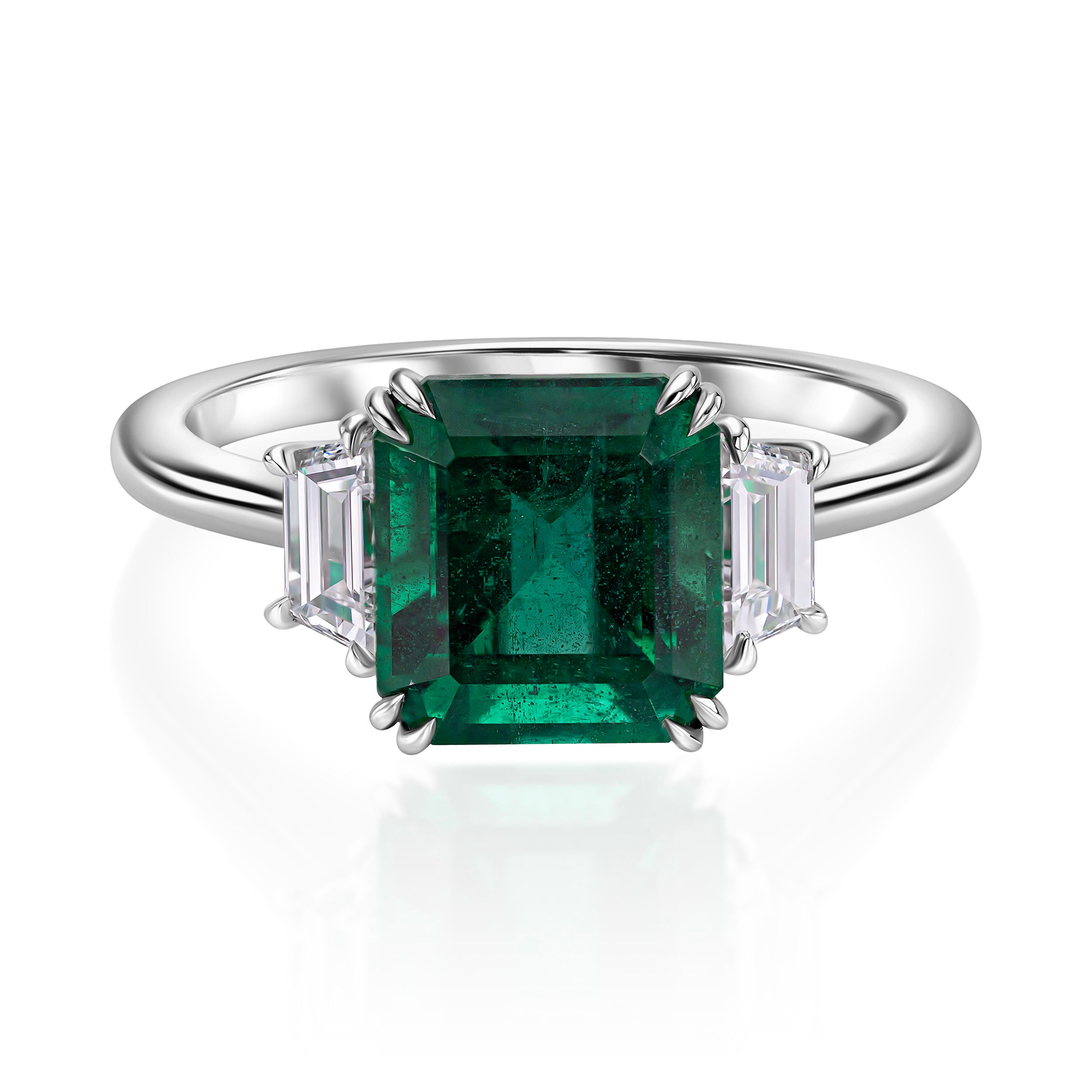 Emerald Ring with Trapezoid Diamonds - 3.72ct TW