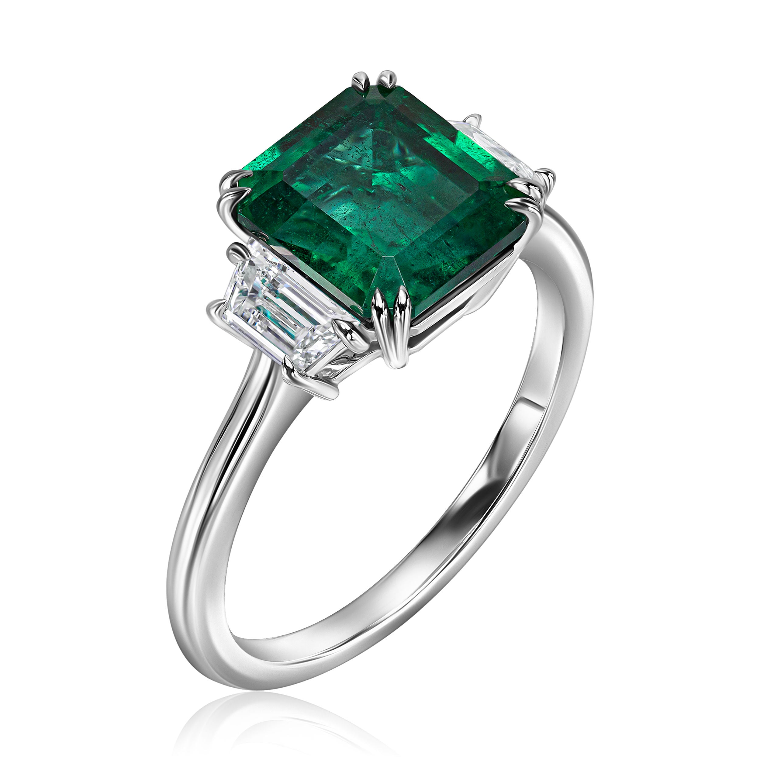 Emerald Ring with Trapezoid Diamonds - 3.72ct TW