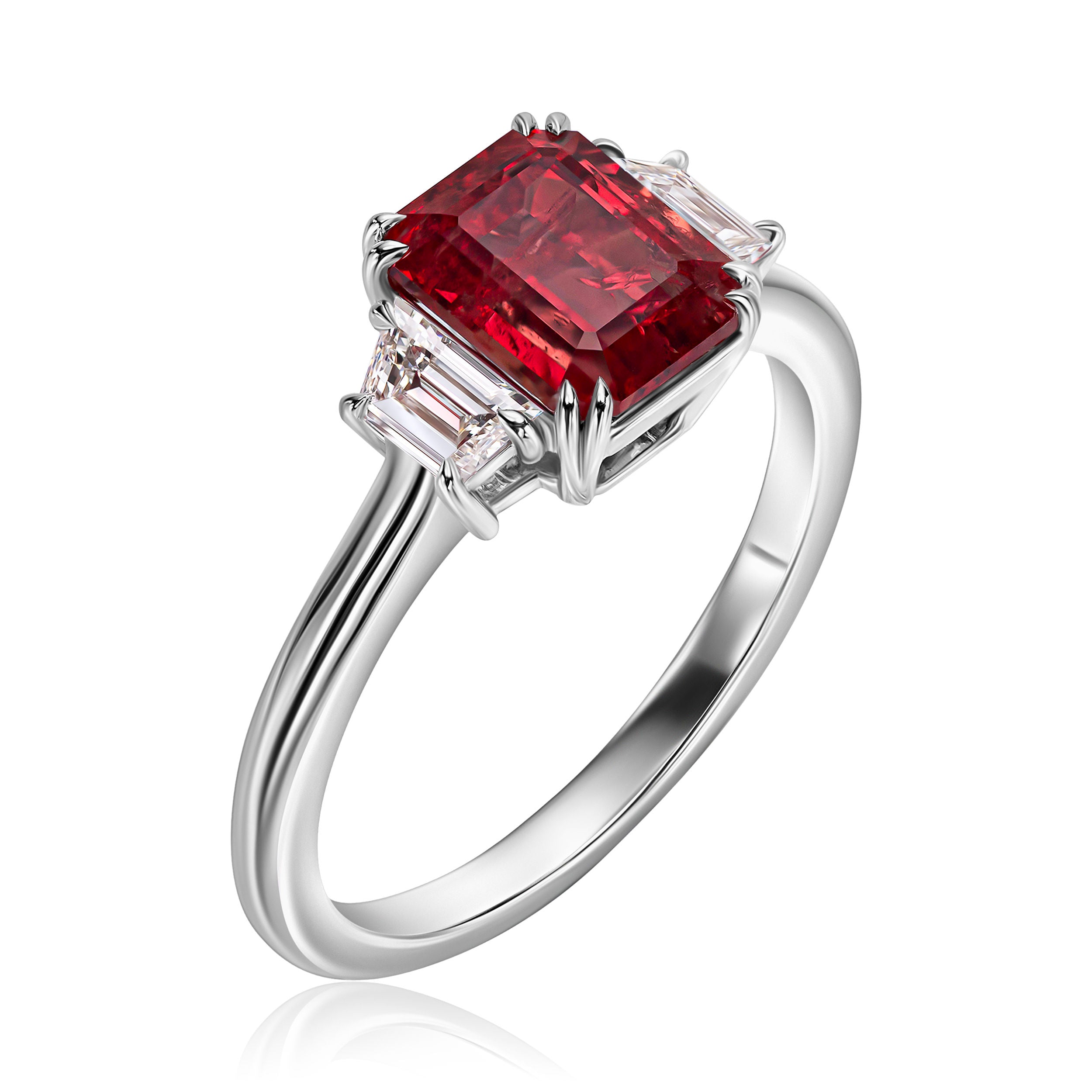 Emerald Cut Ruby Ring with Trapezoid - 3.11 TW