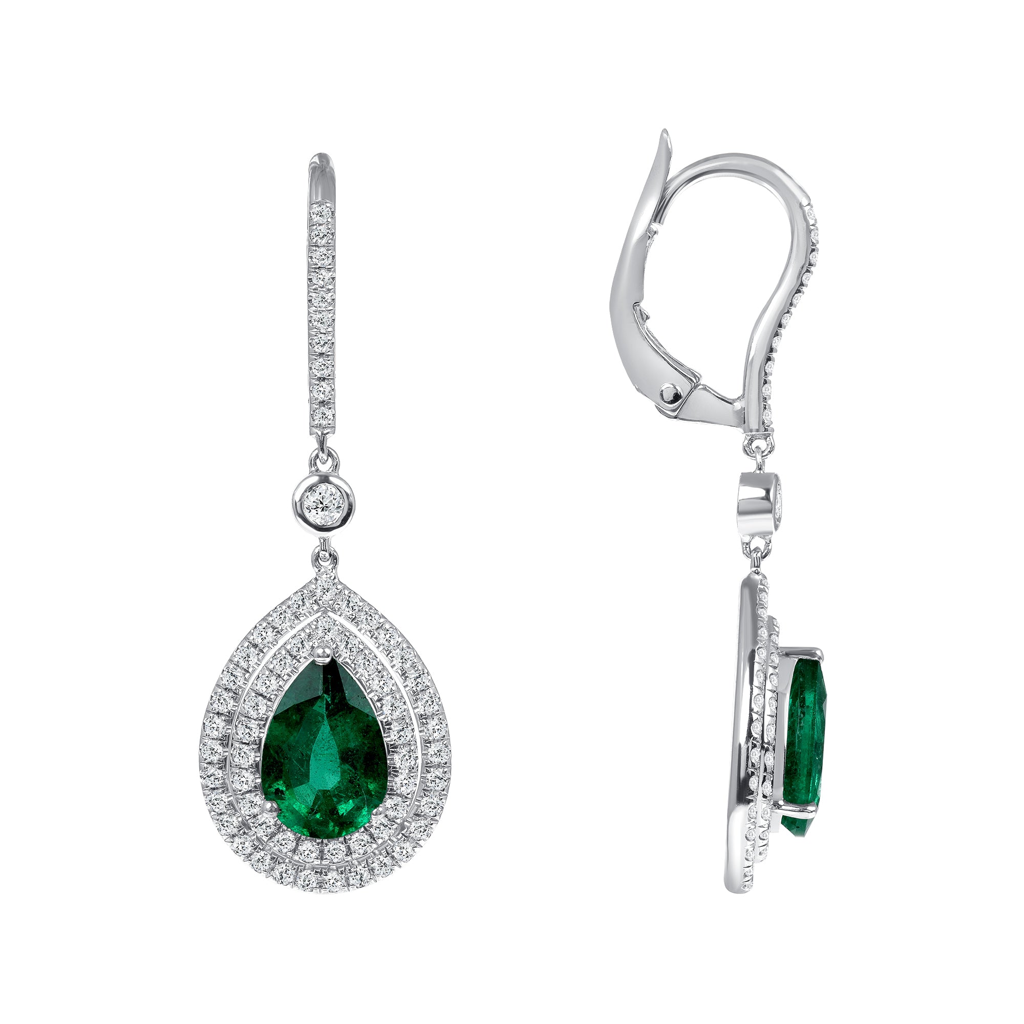 Pear Shape Emerald Halo Drop Earrings - 2.82ct TW