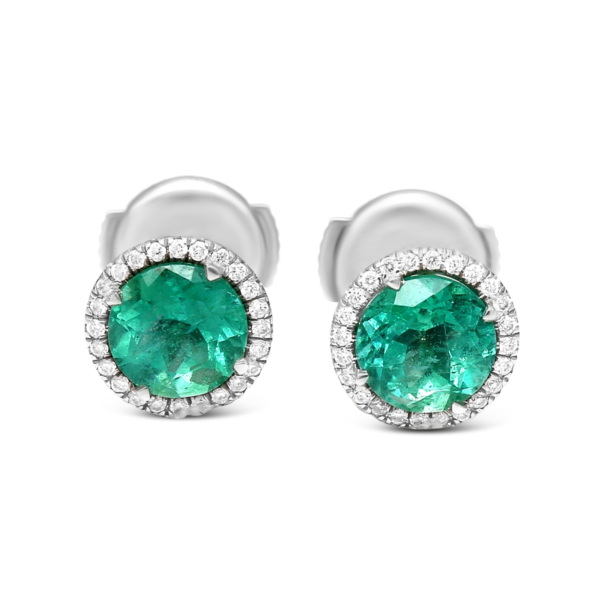 Round Emerald Stud Halo Earrings - 2.03ct TW