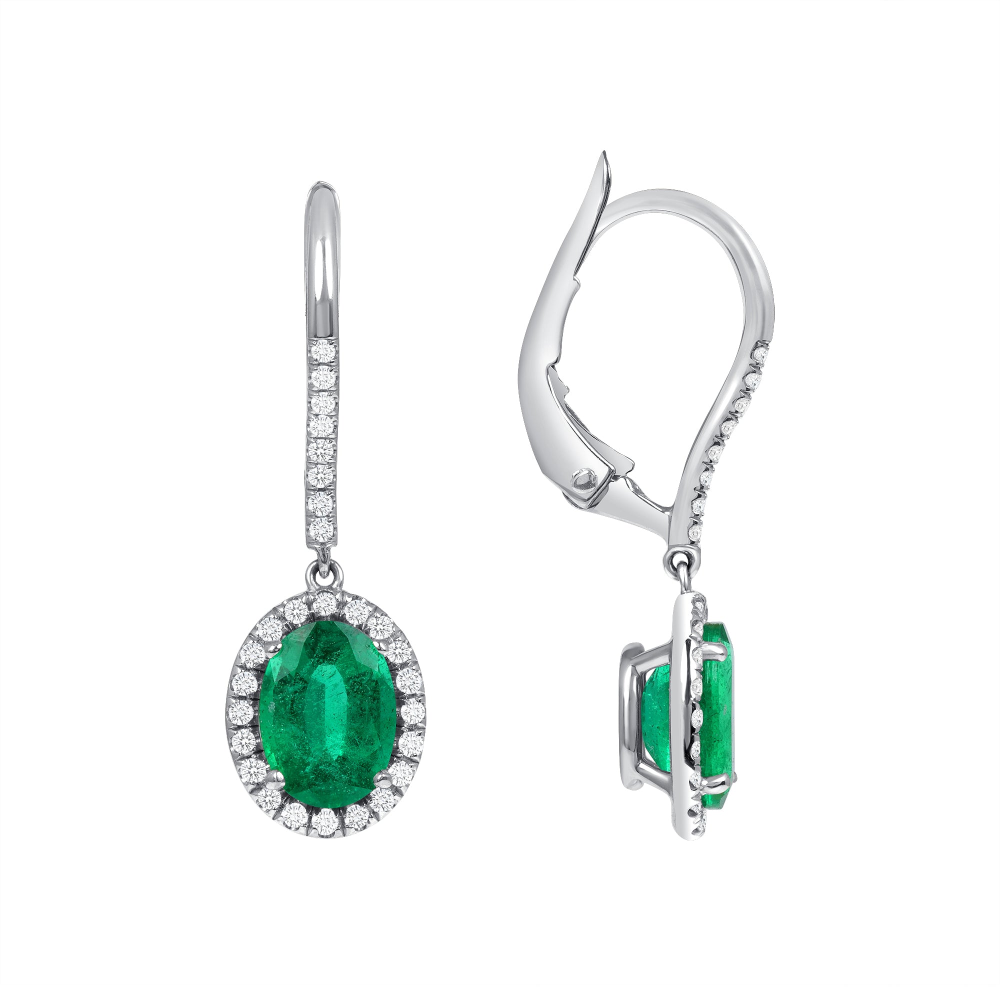 Oval Shape Emerald Halo Drop Earrings - 1.85ct TW