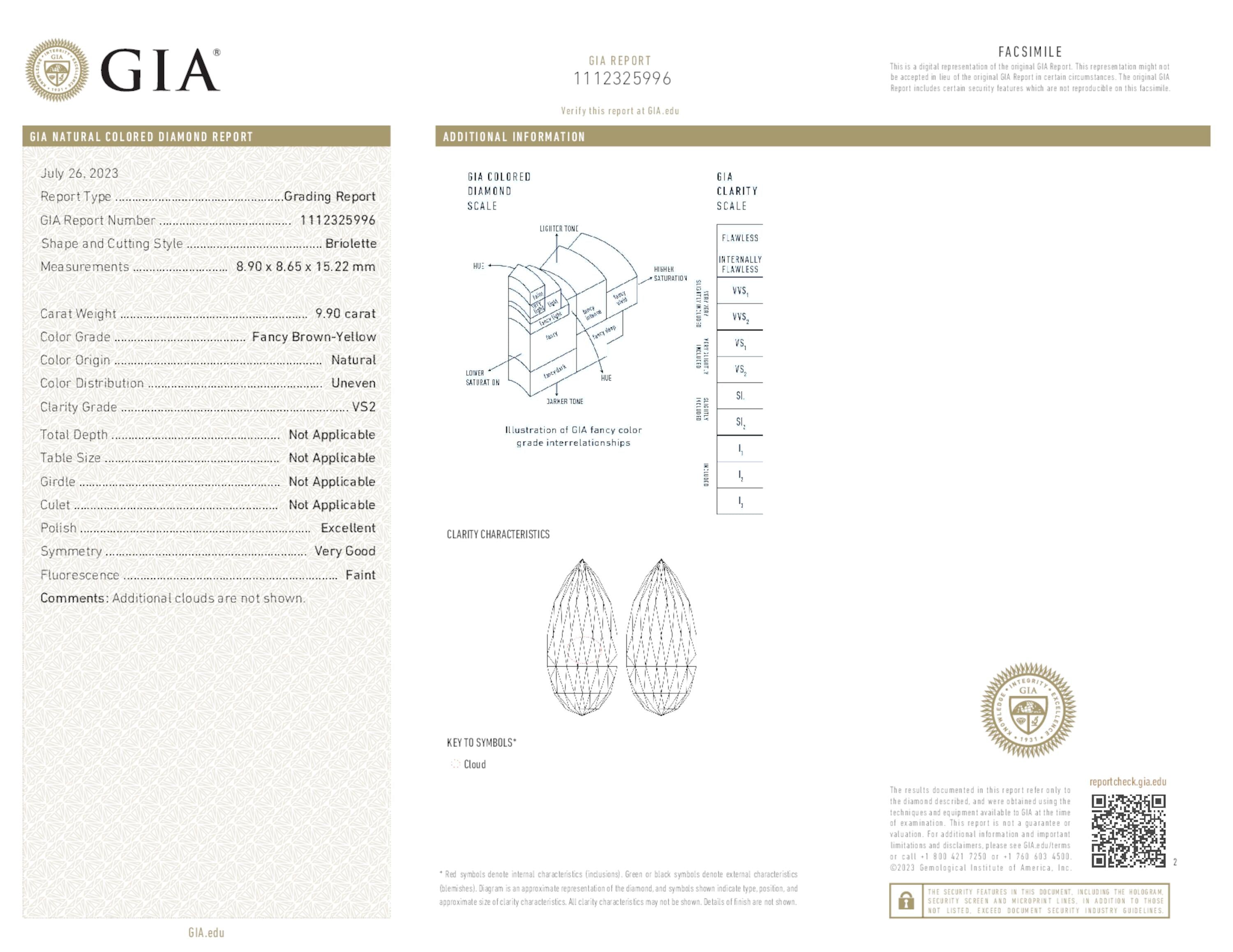 9.90 ct. Briolette Fancy Brown Yellow VS2 Faint GIA