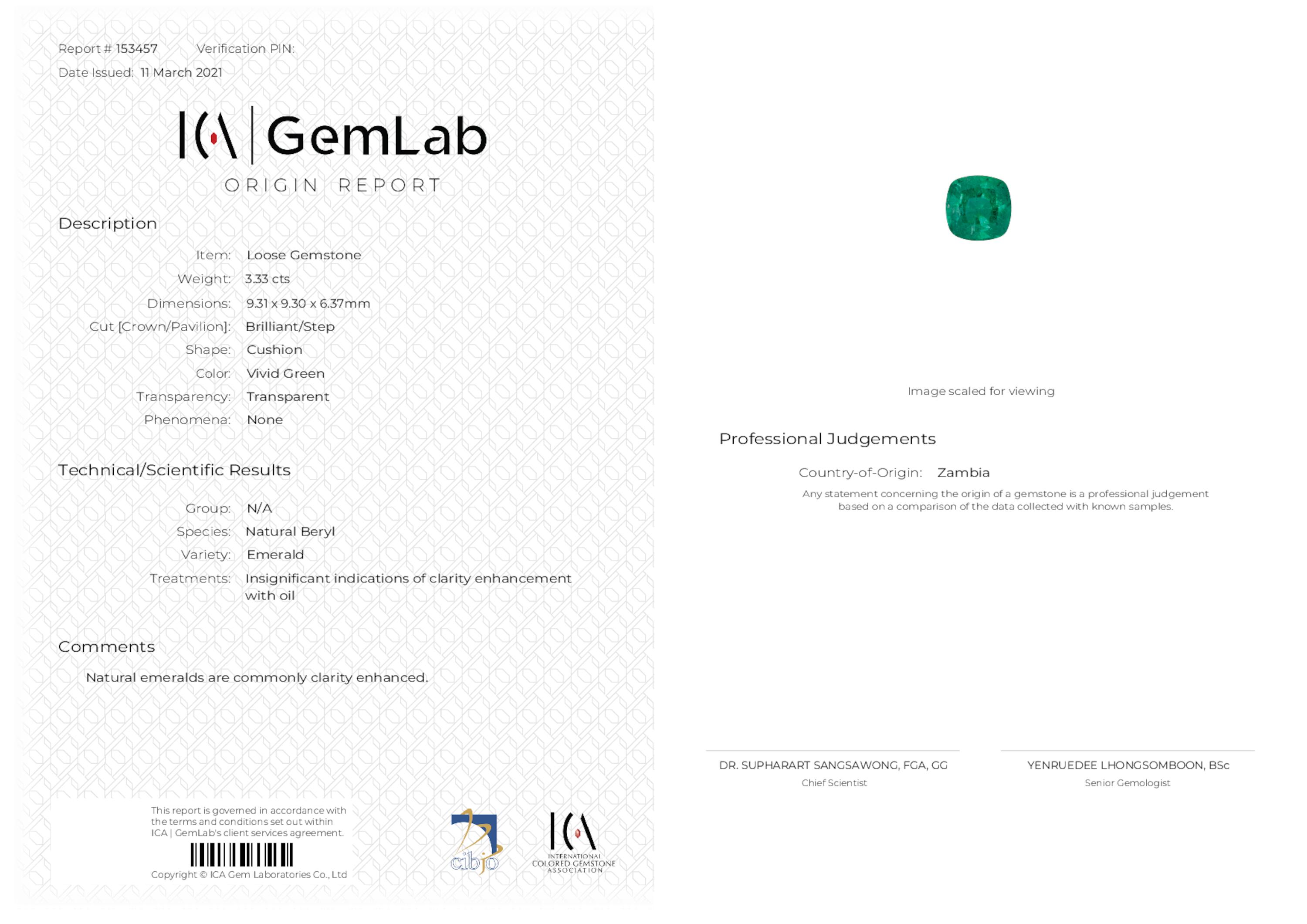 3.33 ct. Cushion Emerald ICA Insignificant