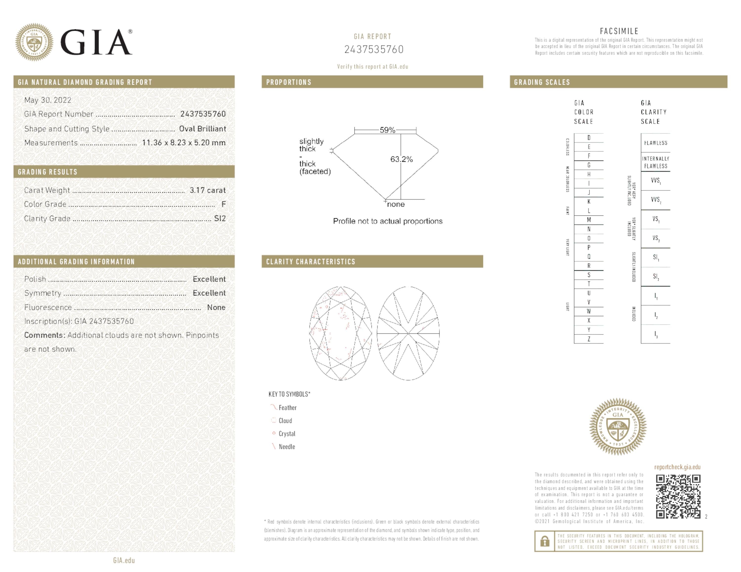 3.17 ct. Oval Diamond F SI2 None GIA