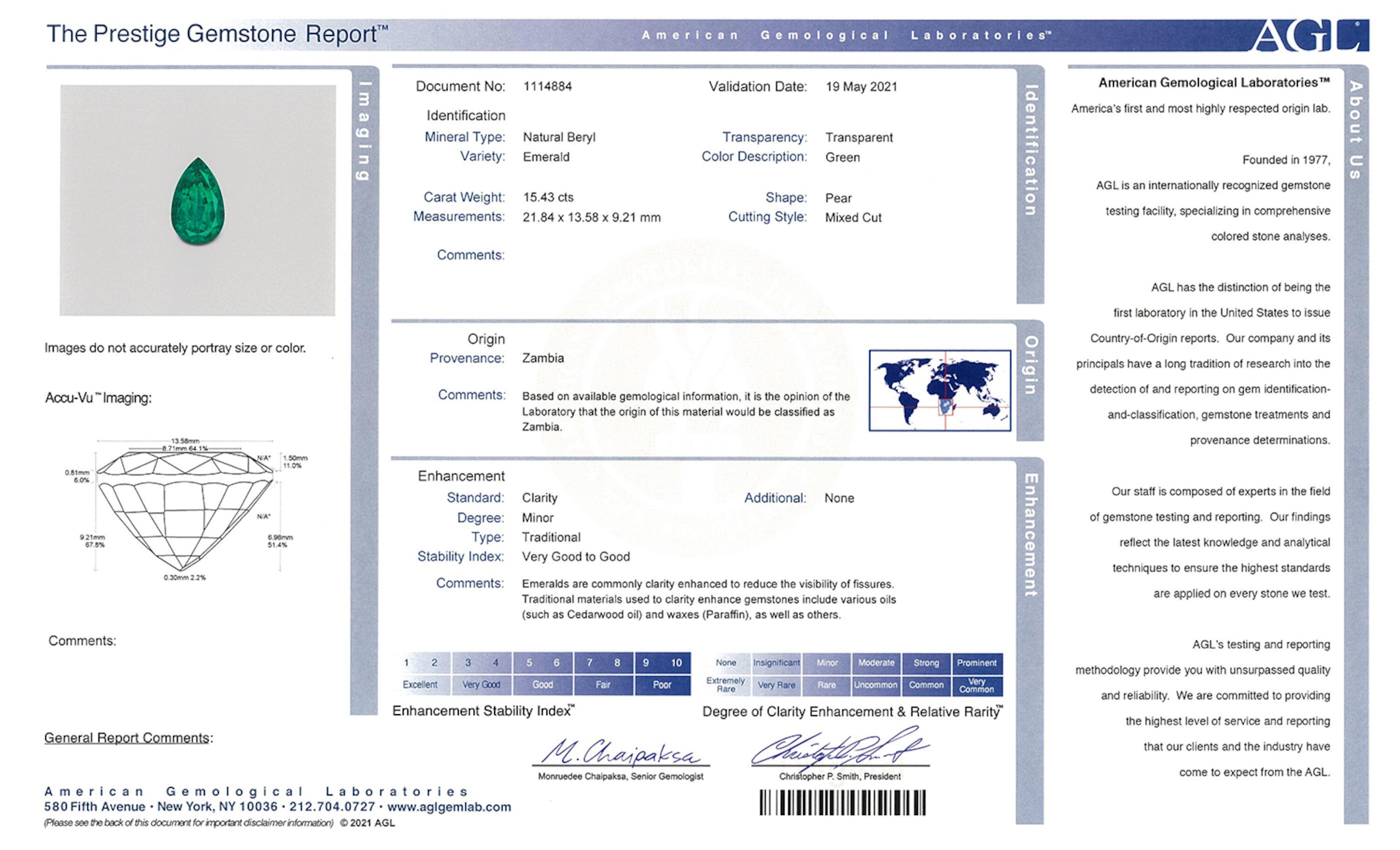 15.43 ct. Pear Shape Emerald AGL Minor