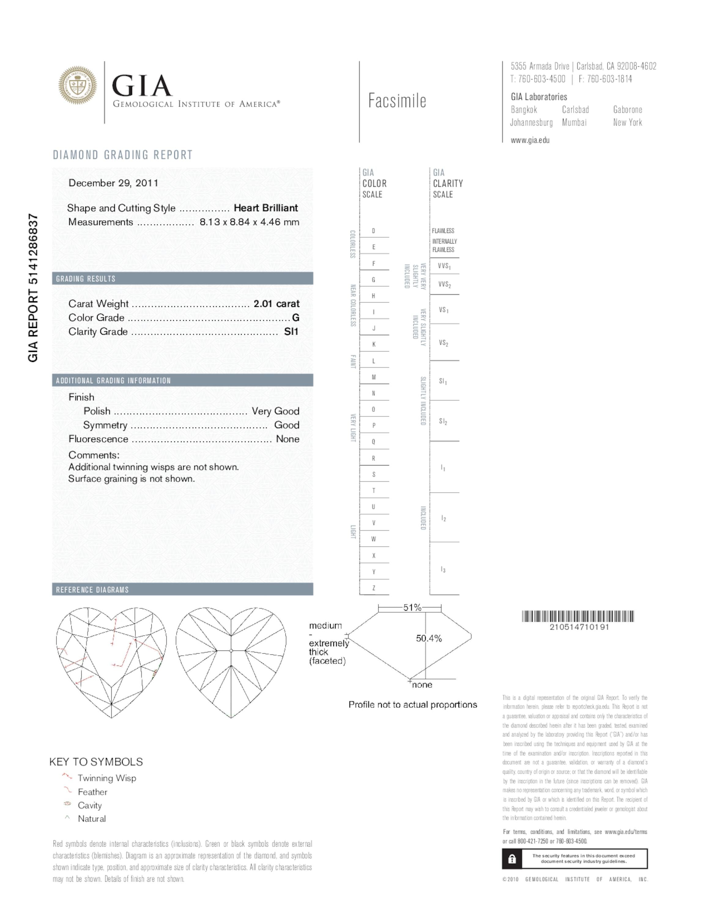 2.01 ct. Heart Shape Diamond G SI1 None GIA