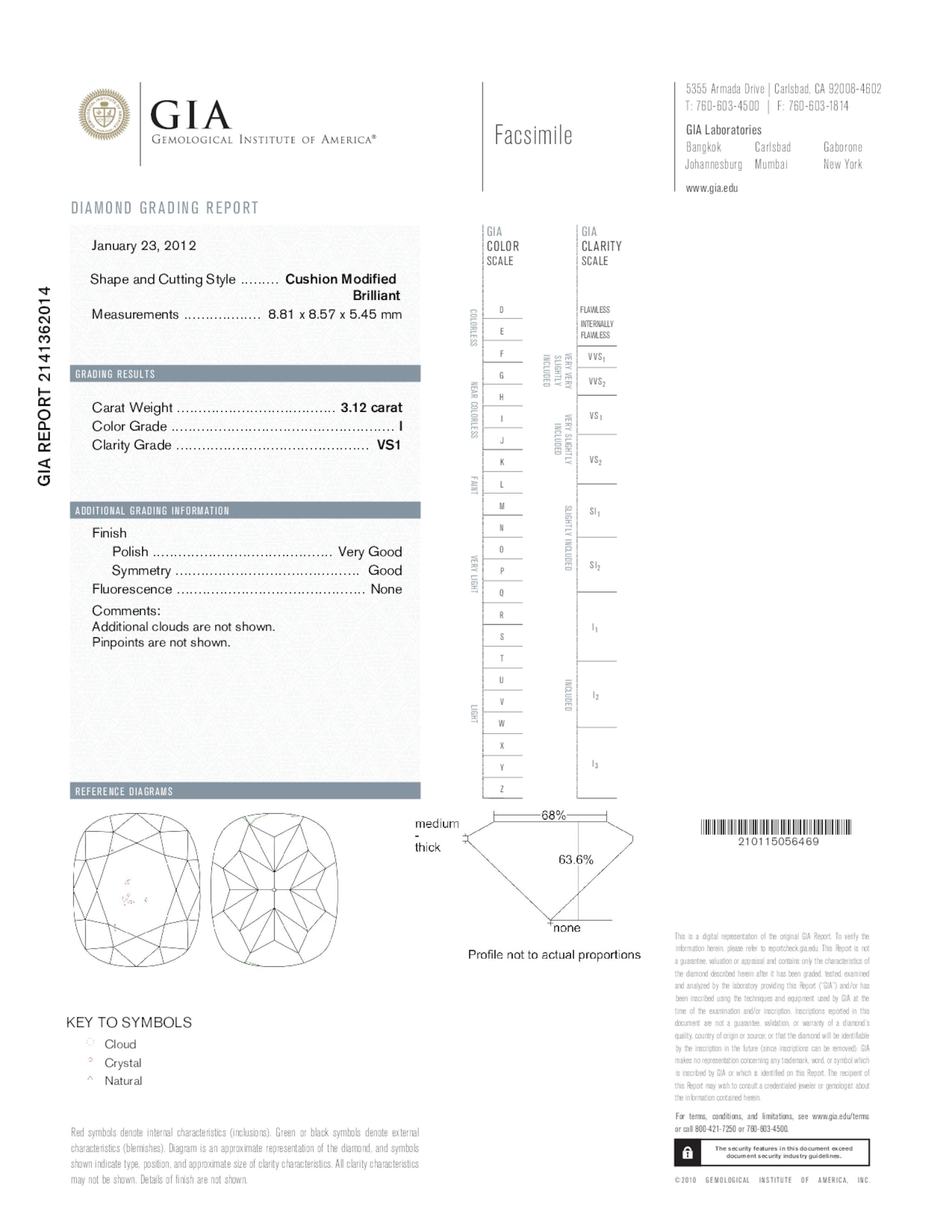 3.12 ct. Cushion Diamond I VS1 None GIA