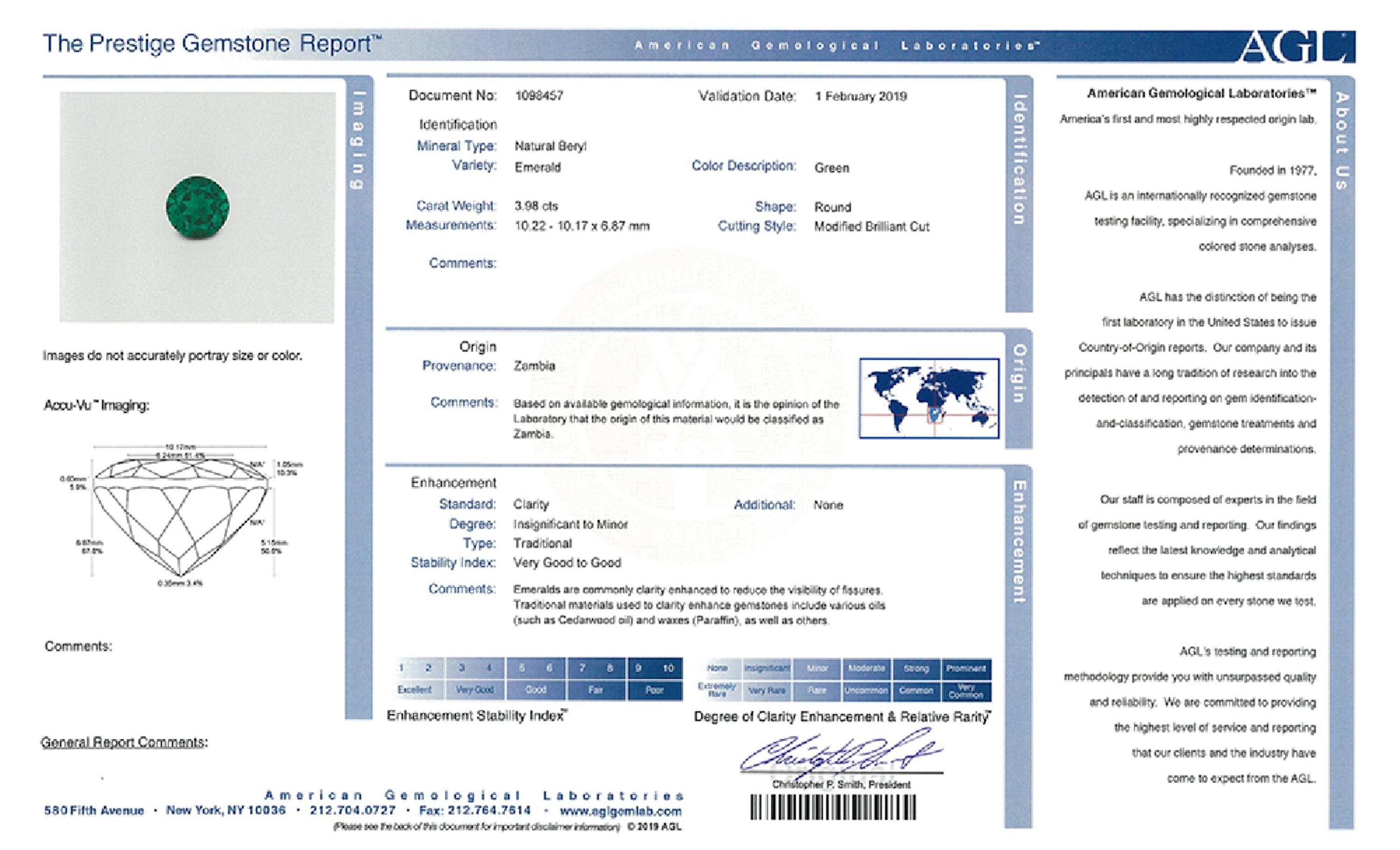 3.98 ct. Round Brilliant Emerald AGL Insignificant to Minor