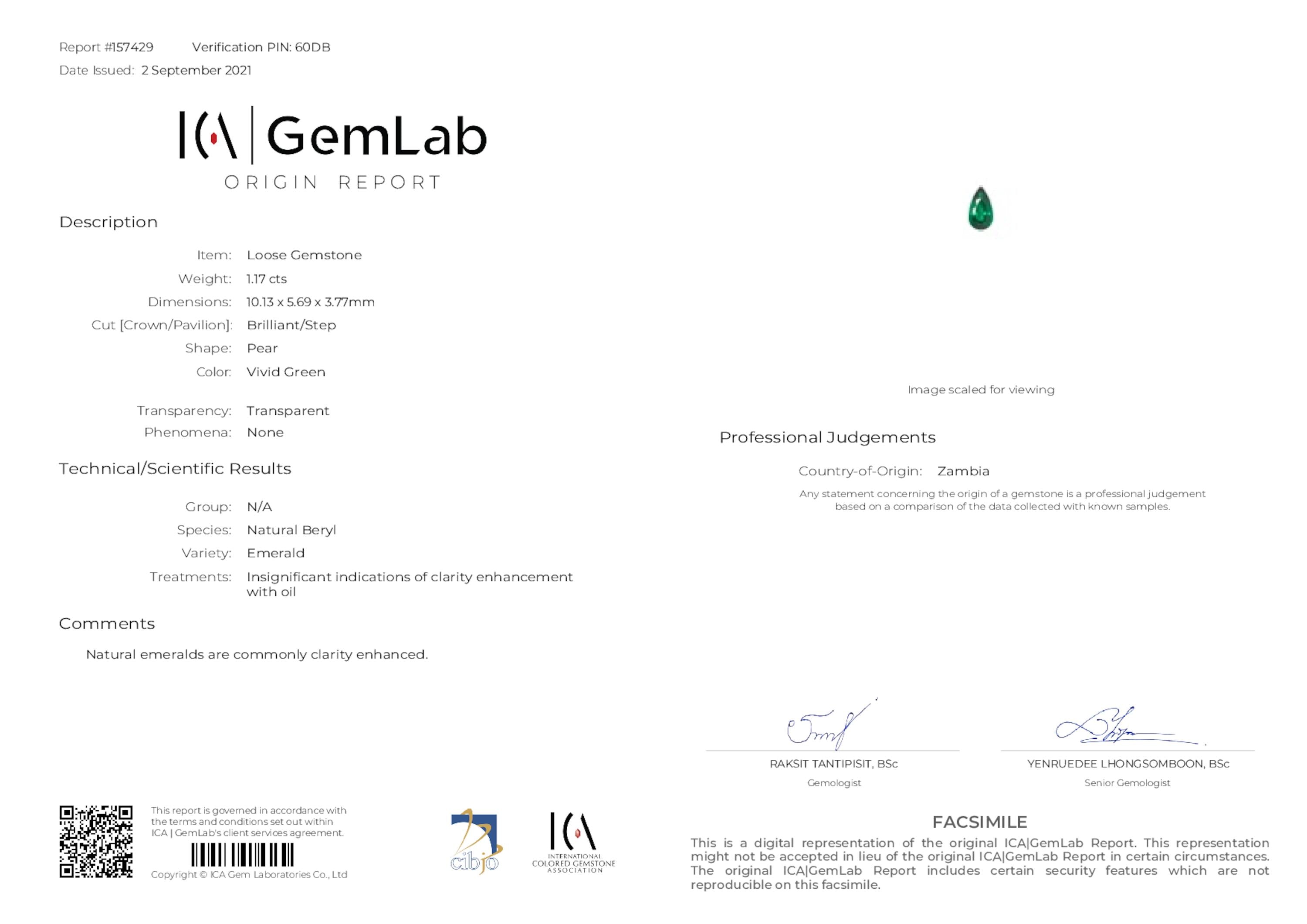 1.17 ct. Pear Shape Emerald ICA Insignificant